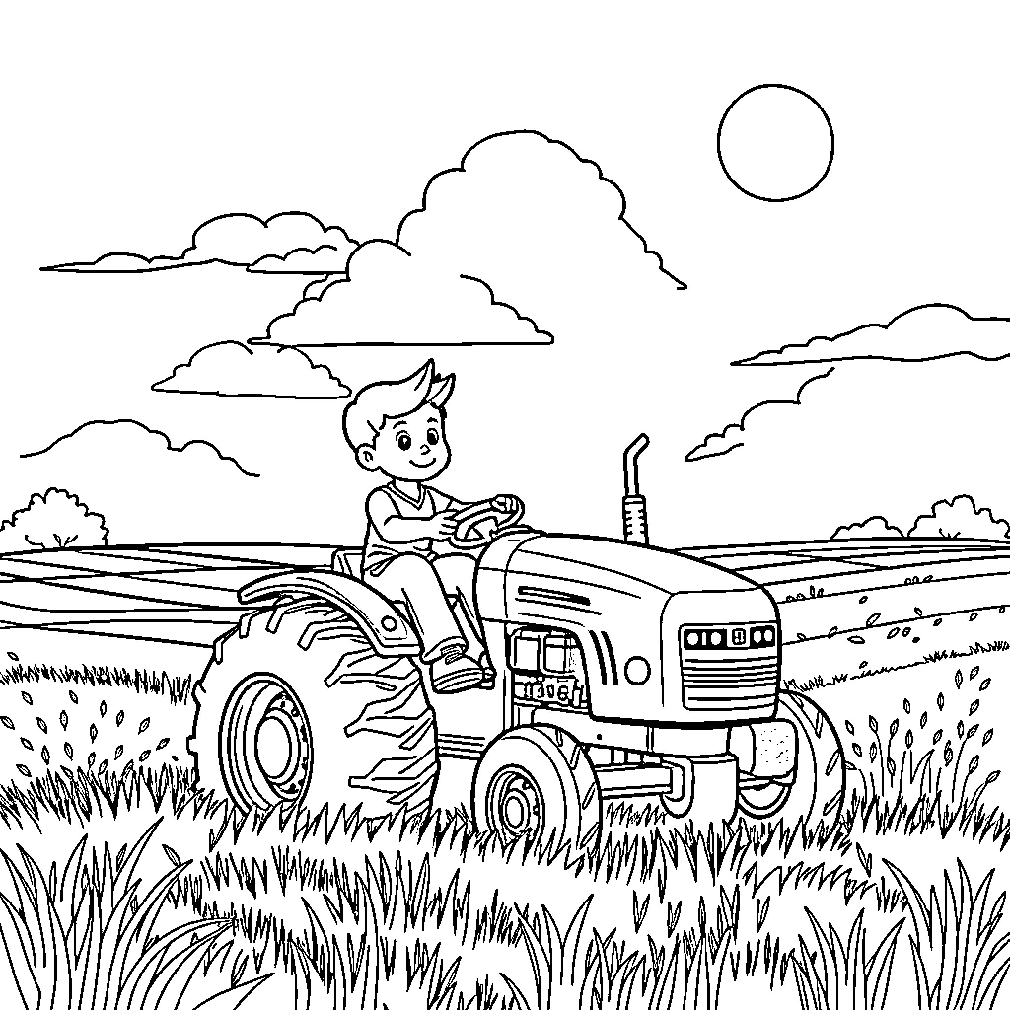 Tractor driver exploring countryside landscape Coloring Page (free black-and-white line drawing printable PDF for all, from beginners to advanced learners, including children, teens, adults, and seniors)
