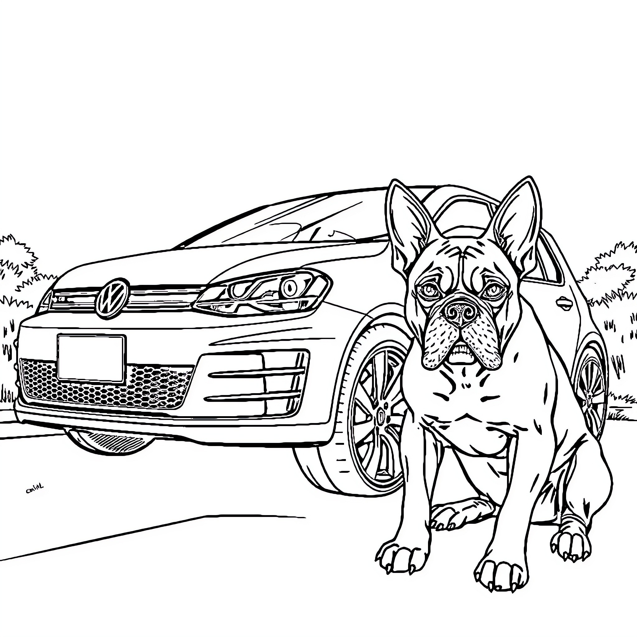 Golf GTI dog and car in the park Coloring Page (free black-and-white line drawing printable PDF for all, from beginners to advanced learners, including children, teens, adults, and seniors)