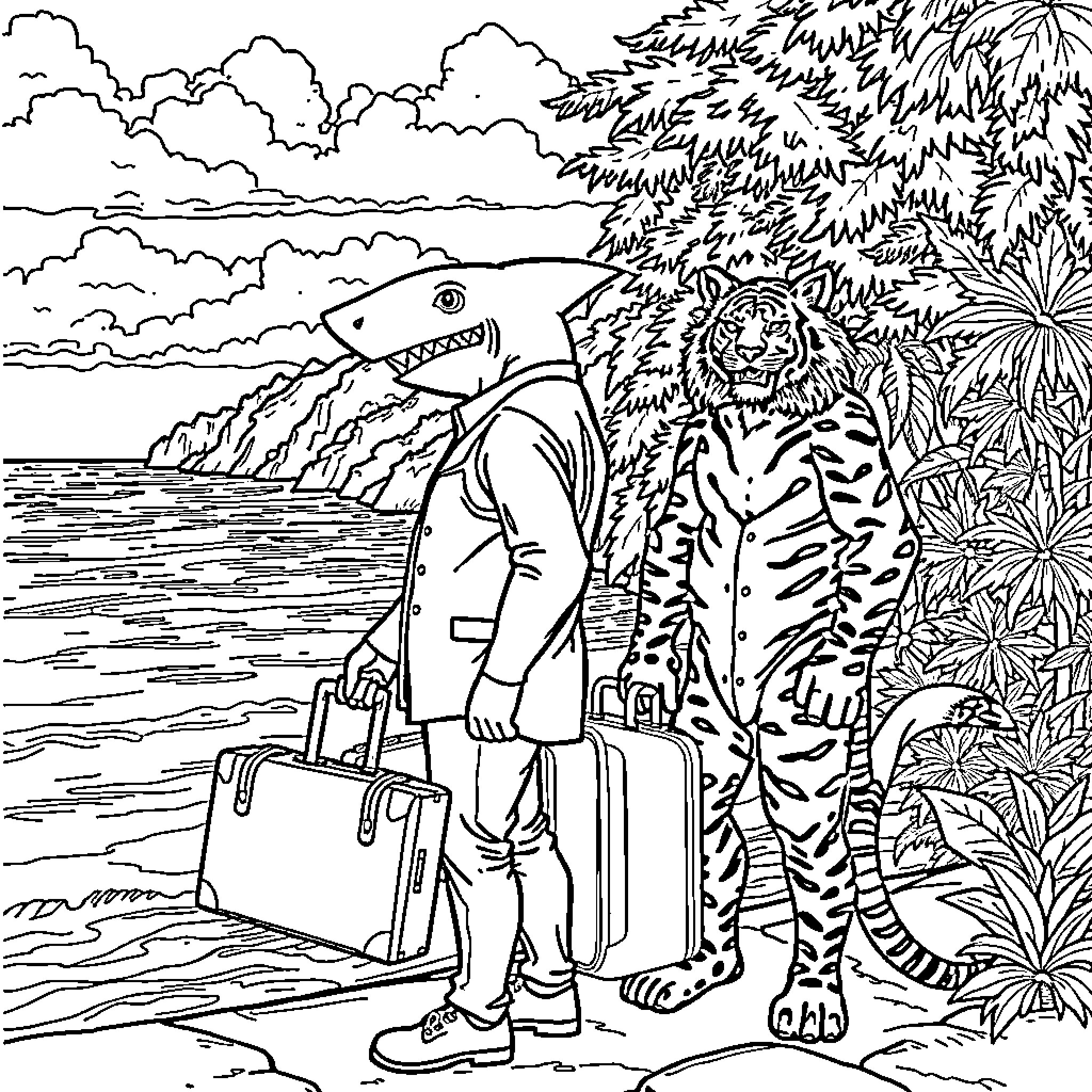 Shark Man exploring tropical wilderness with luggage Coloring Page (free black-and-white line drawing printable PDF for all, from beginners to advanced learners, including children, teens, adults, and seniors)