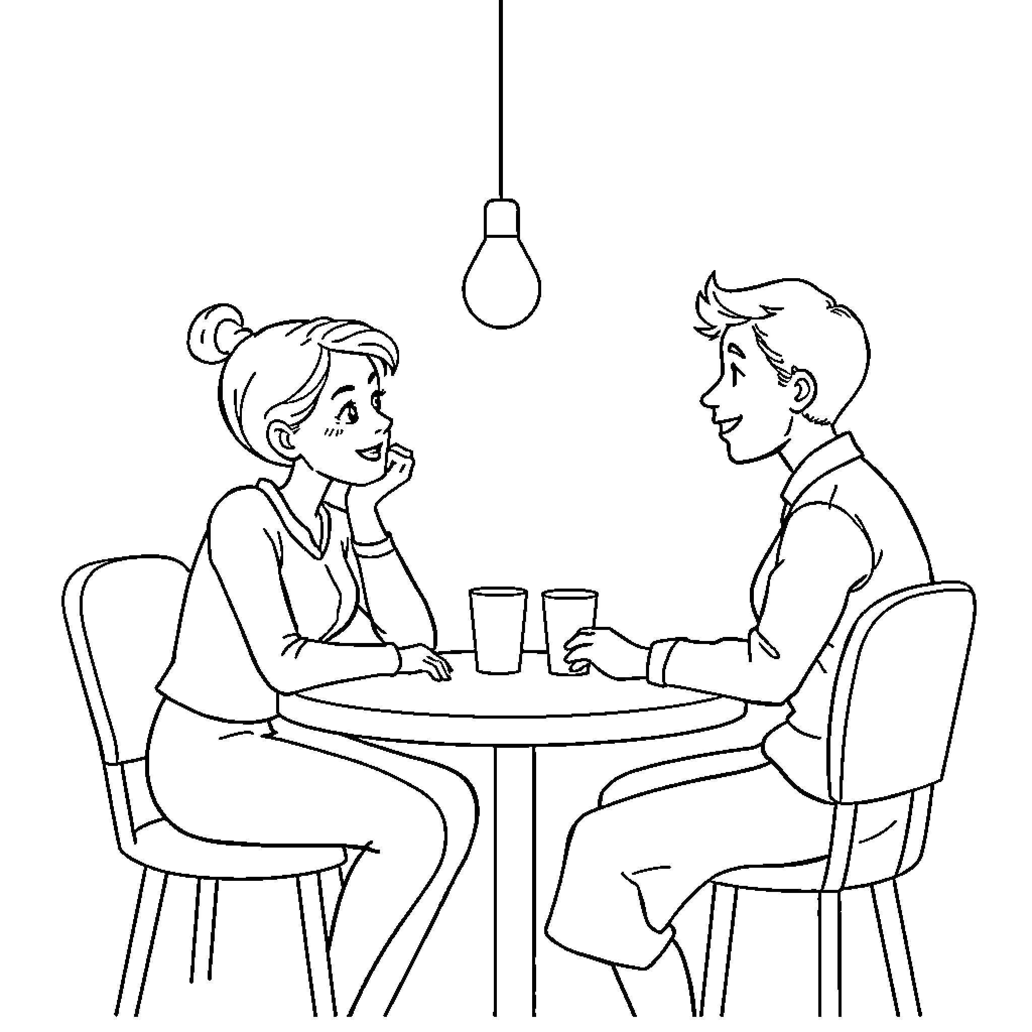 Cat couple enjoying a romantic date at a cafe Coloring Page (free black-and-white line drawing printable PDF for all, from beginners to advanced learners, including children, teens, adults, and seniors)