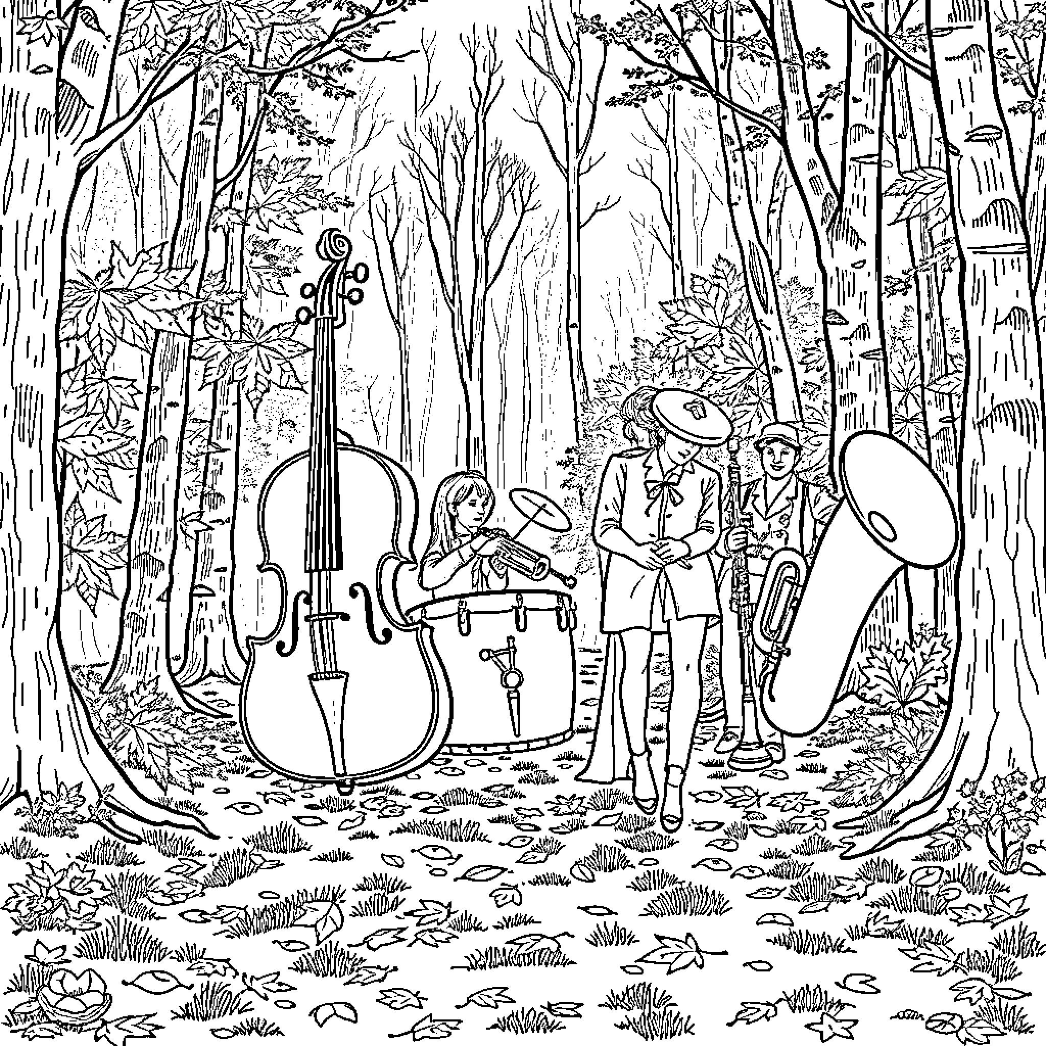 Musical Instrument Musicians Playing in the Forest Coloring Page (free black-and-white line drawing printable PDF for all, from beginners to advanced learners, including children, teens, adults, and seniors)