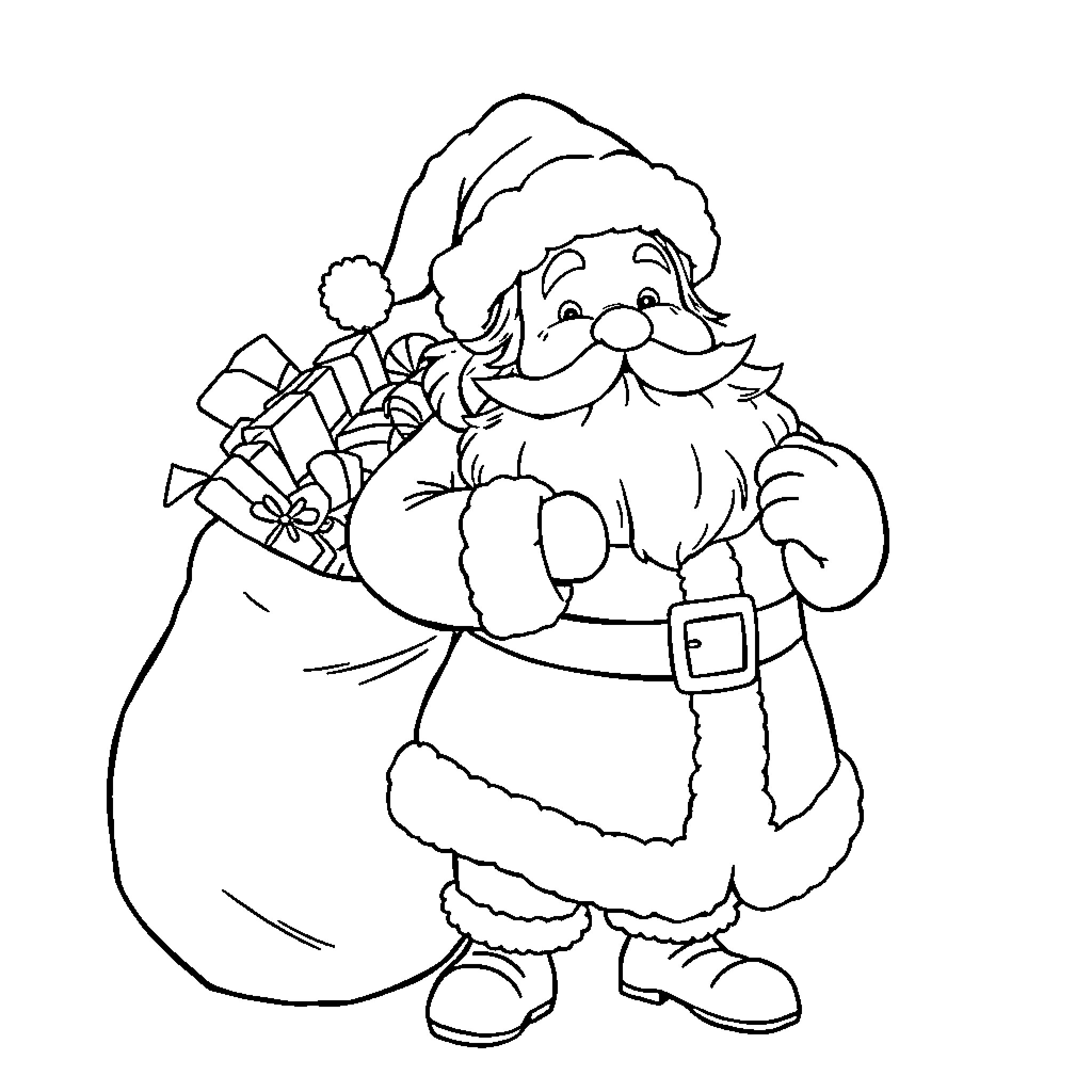 Santa Claus carrying gifts in a sack Coloring Page (free black-and-white line drawing printable PDF for all, from beginners to advanced learners, including children, teens, adults, and seniors)
