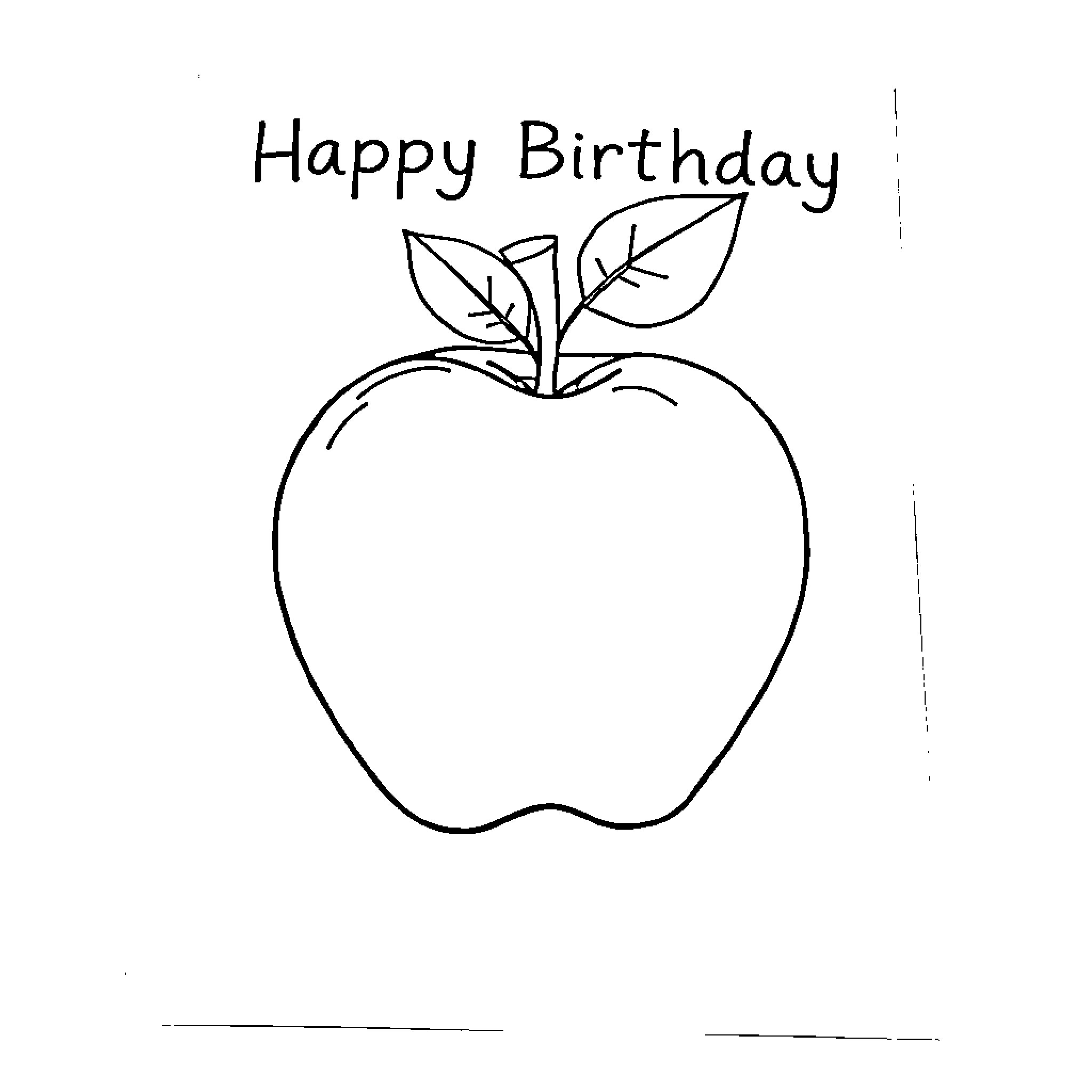 Apple with 'Happy Birthday' text Coloring Page (free black-and-white line drawing printable PDF for all, from beginners to advanced learners, including children, teens, adults, and seniors)