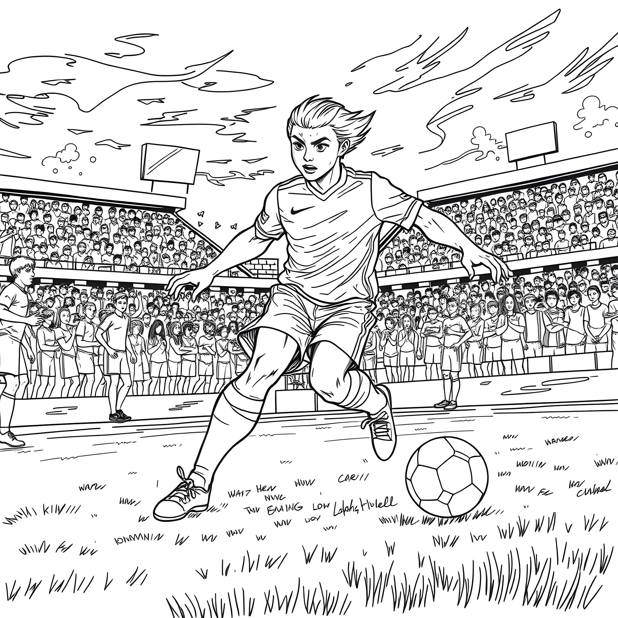 Nemesis: Footballer's triumphant moment on the field Coloring Page (free black-and-white line drawing printable PDF for all, from beginners to advanced learners, including children, teens, adults, and seniors)