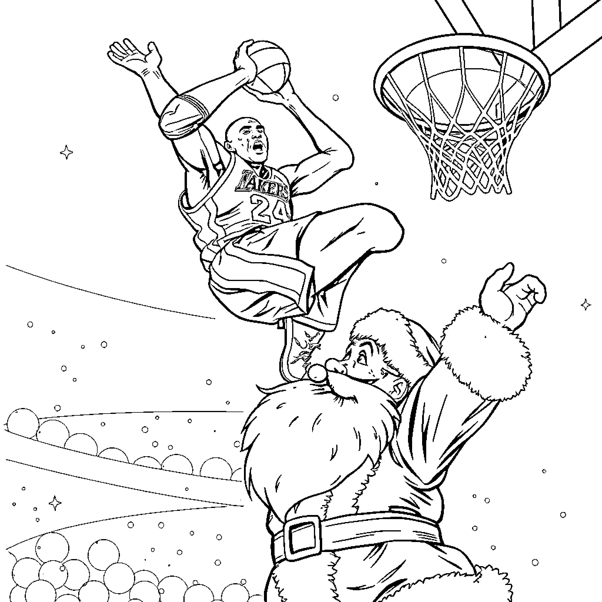 Kobe Bryant dunking basketball over Santa Claus Coloring Page (free black-and-white line drawing printable PDF for all, from beginners to advanced learners, including children, teens, adults, and seniors)