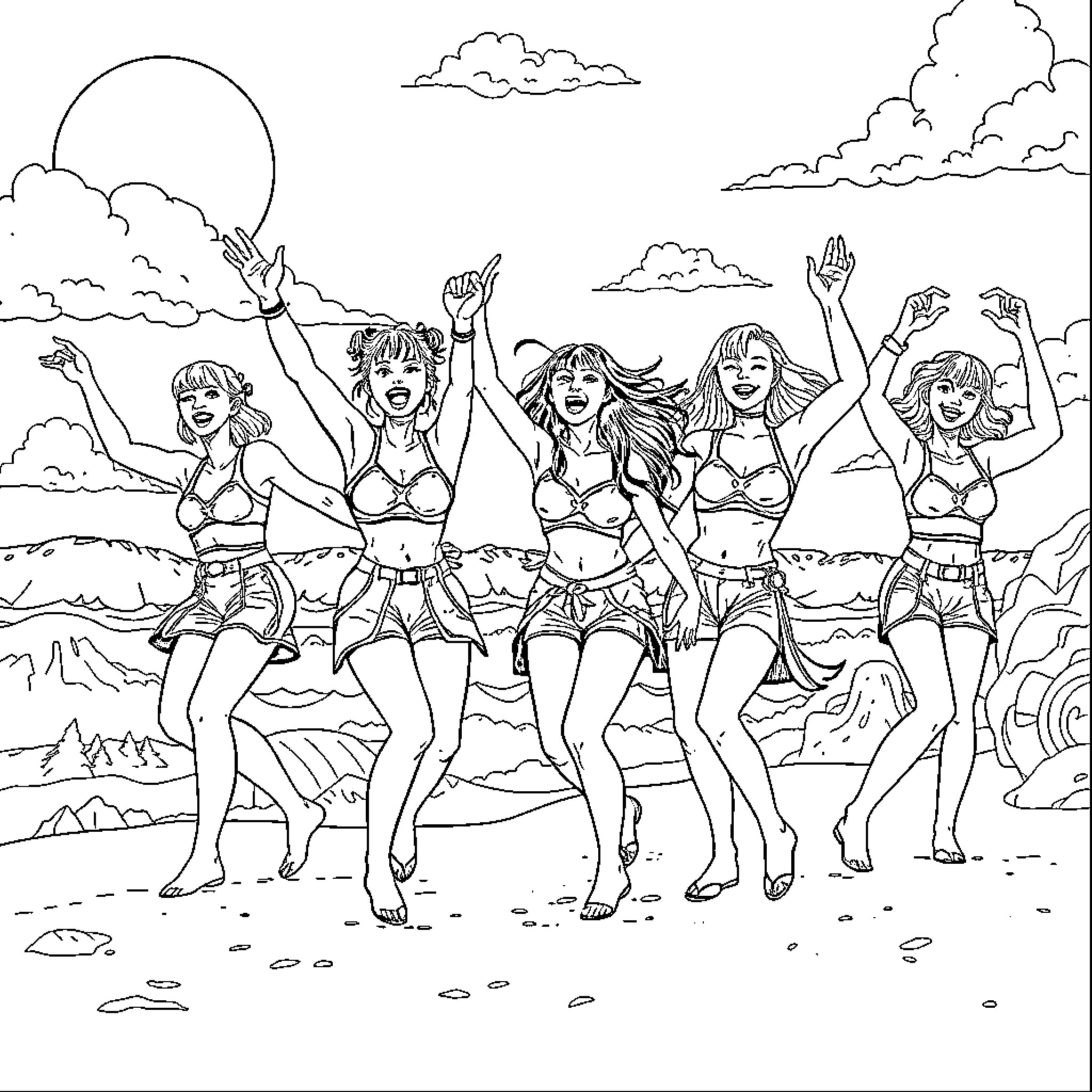 Warrior women dancing joyfully on the beach Coloring Page (free black-and-white line drawing printable PDF for all, from beginners to advanced learners, including children, teens, adults, and seniors)
