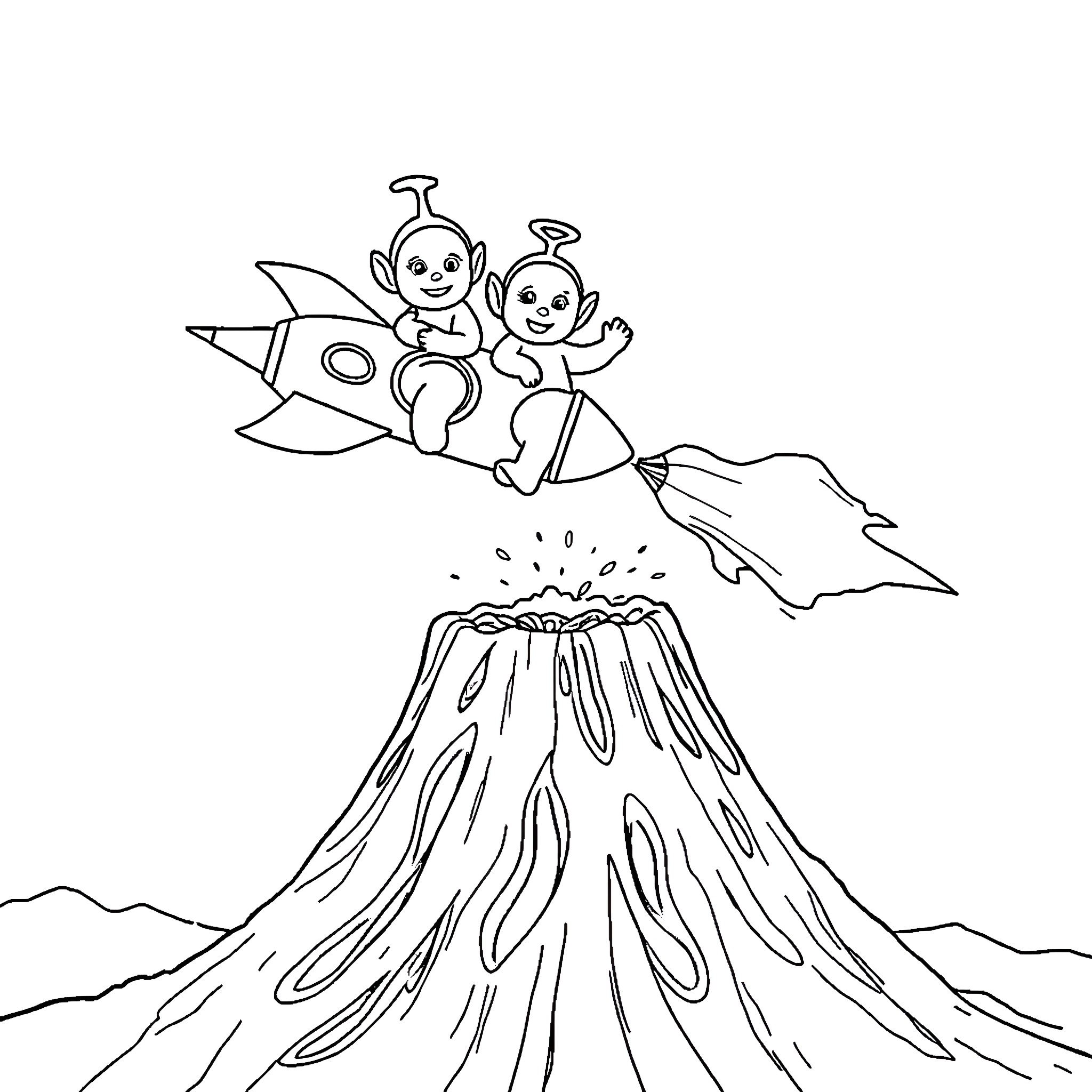 Teletubbies riding a rocket above a volcano Coloring Page (free black-and-white line drawing printable PDF for all, from beginners to advanced learners, including children, teens, adults, and seniors)
