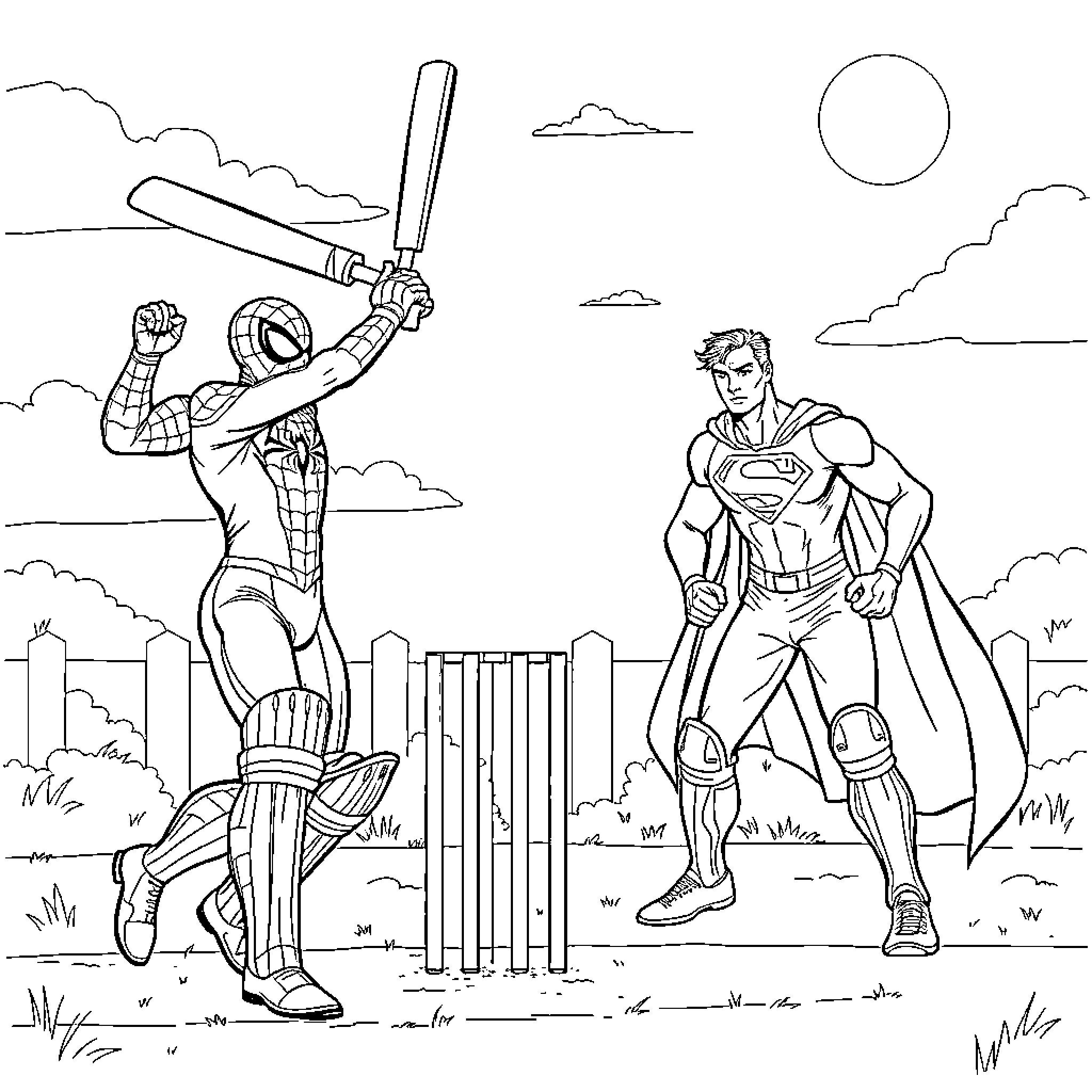 Spiderman and Superman face off in cricket match Coloring Page (free black-and-white line drawing printable PDF for all, from beginners to advanced learners, including children, teens, adults, and seniors)