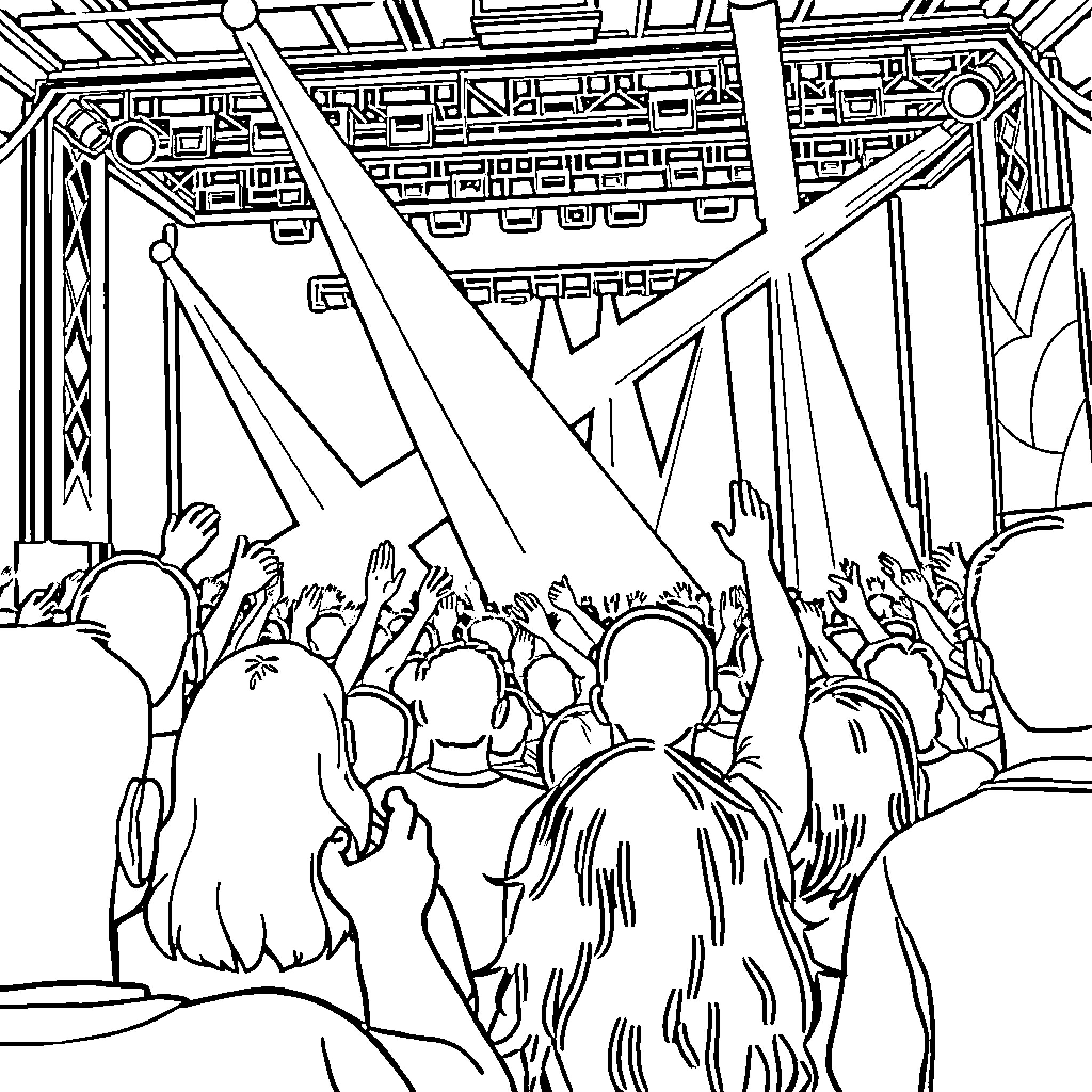 Concert crowd enjoying lively performance on stage Coloring Page (free black-and-white line drawing printable PDF for all, from beginners to advanced learners, including children, teens, adults, and seniors)