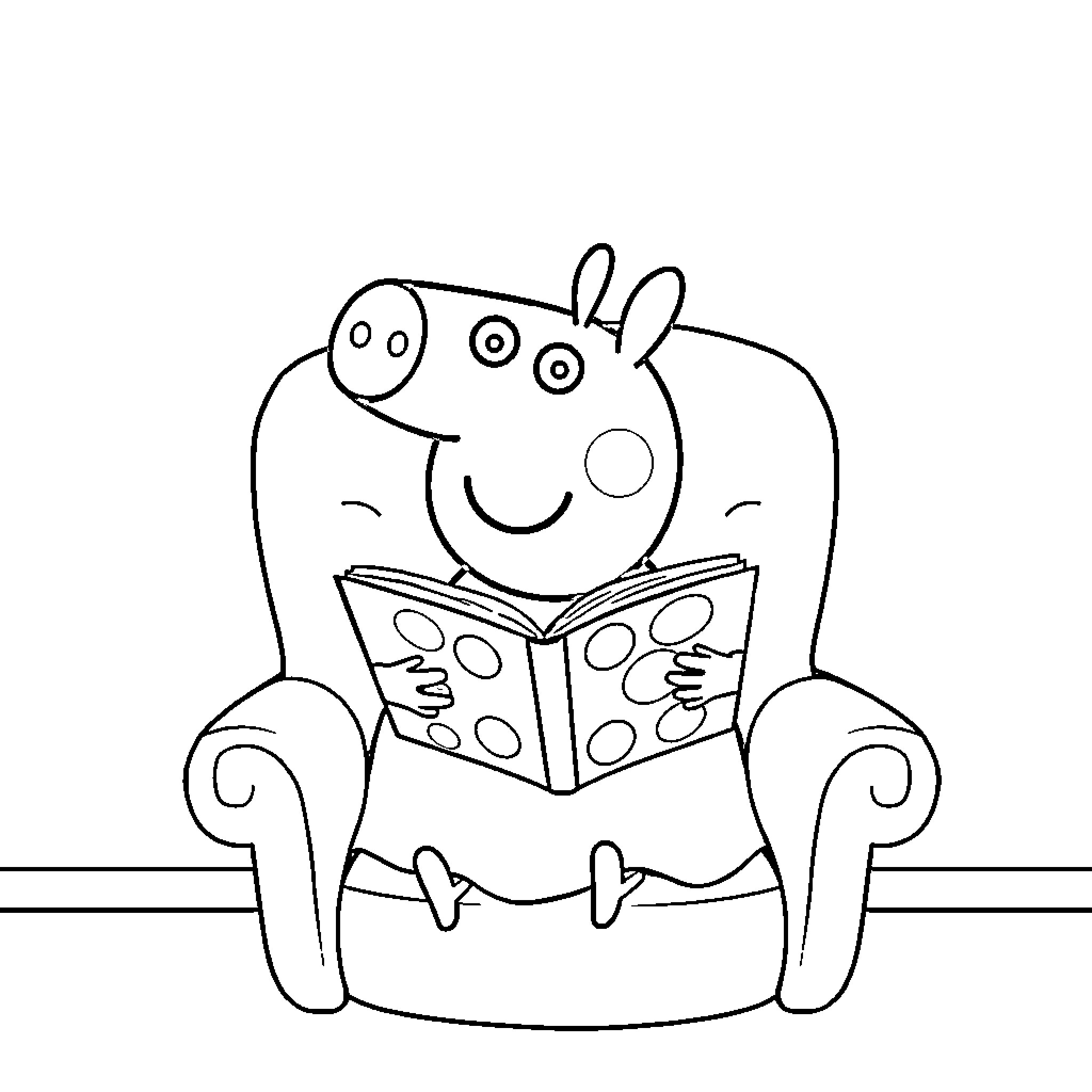 Peppa Pig reading a book happily Coloring Page (free black-and-white line drawing printable PDF for all, from beginners to advanced learners, including children, teens, adults, and seniors)