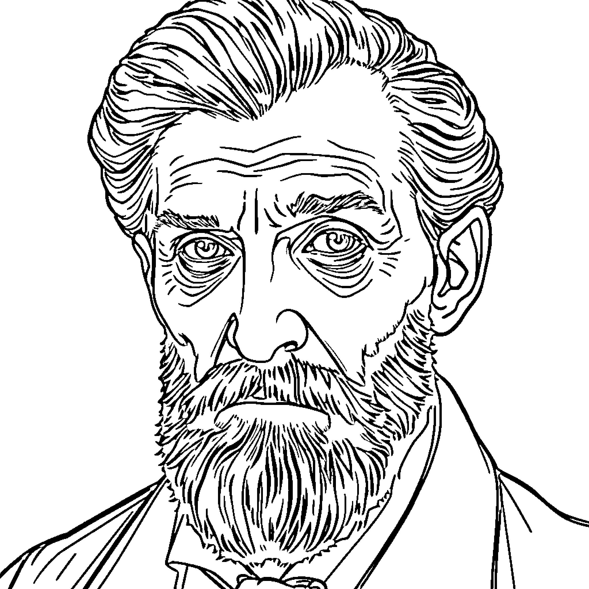 Van Gogh's Pensive Portrait Coloring Page (free black-and-white line drawing printable PDF for all, from beginners to advanced learners, including children, teens, adults, and seniors)