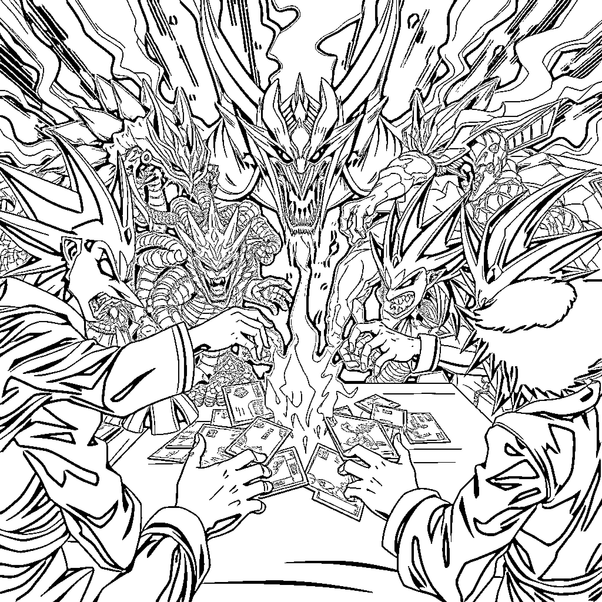 Yu-Gi-Oh! Duelist Battles Fierce Monster Foes Coloring Page (free black-and-white line drawing printable PDF for all, from beginners to advanced learners, including children, teens, adults, and seniors)