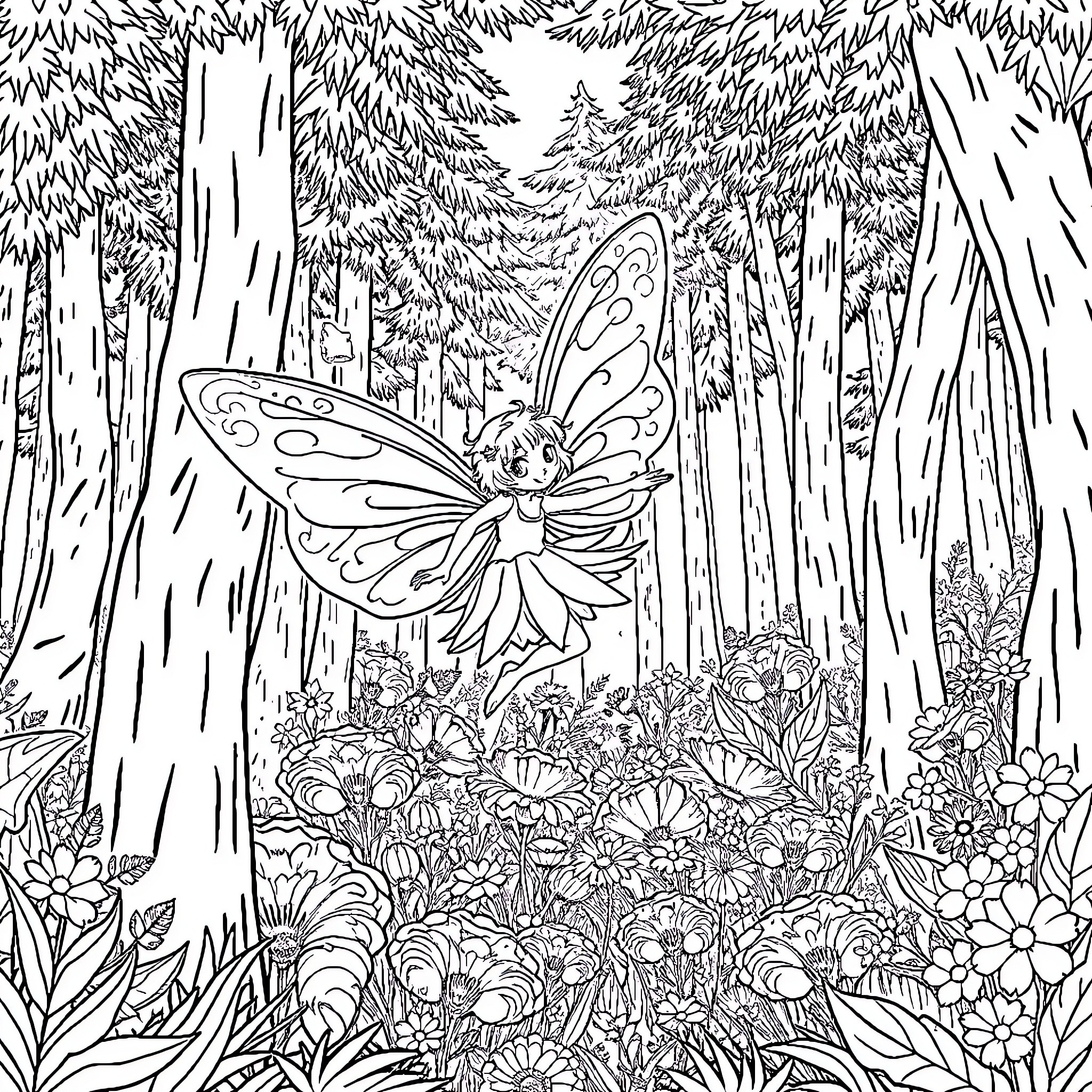 Fairy Frolicking in Enchanted Forest Coloring Page (free black-and-white line drawing printable PDF for all, from beginners to advanced learners, including children, teens, adults, and seniors)