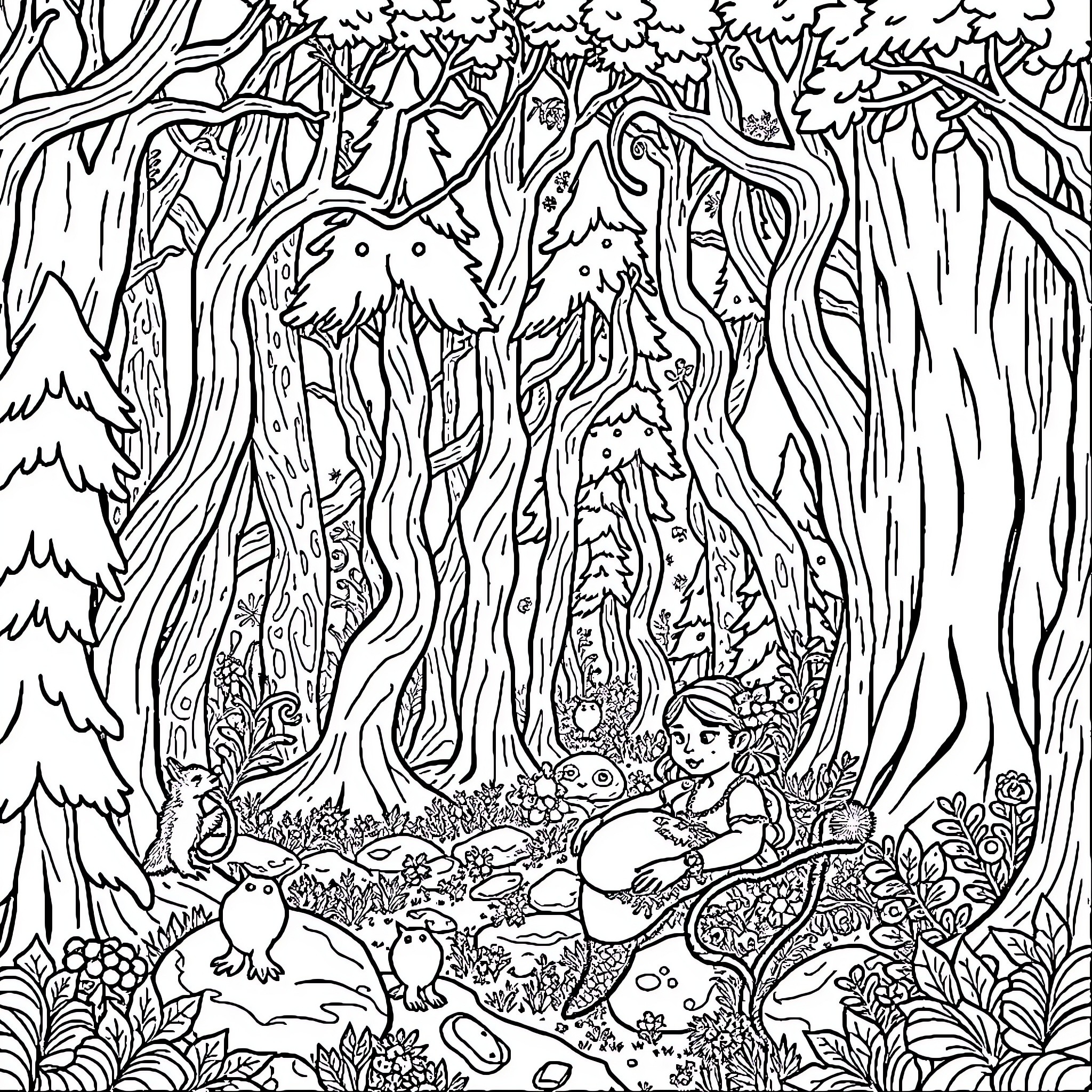 Mary Jane exploring the enchanted forest Coloring Page (free black-and-white line drawing printable PDF for all, from beginners to advanced learners, including children, teens, adults, and seniors)