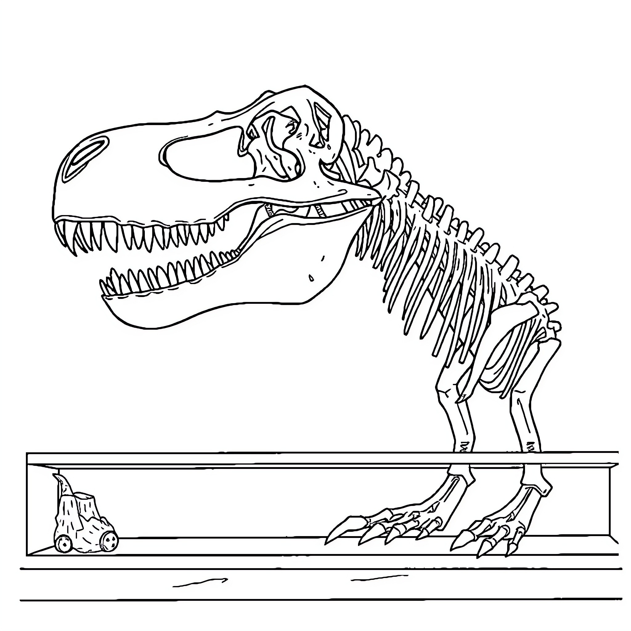 Tyrannosaurus Rex fossil on display Coloring Page (free black-and-white line drawing printable PDF for all, from beginners to advanced learners, including children, teens, adults, and seniors)
