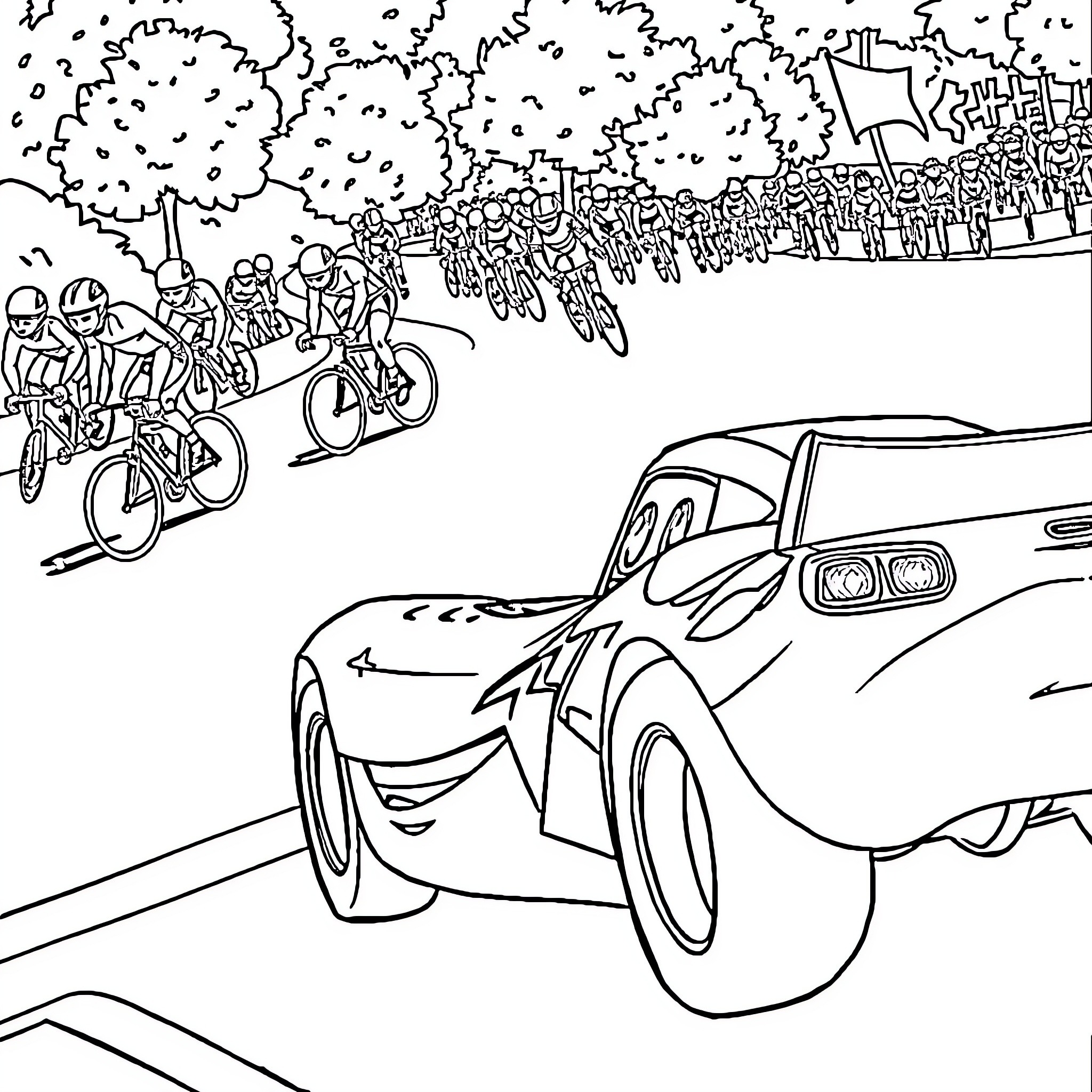 Lightning McQueen races past bikers in the forest Coloring Page (free black-and-white line drawing printable PDF for all, from beginners to advanced learners, including children, teens, adults, and seniors)