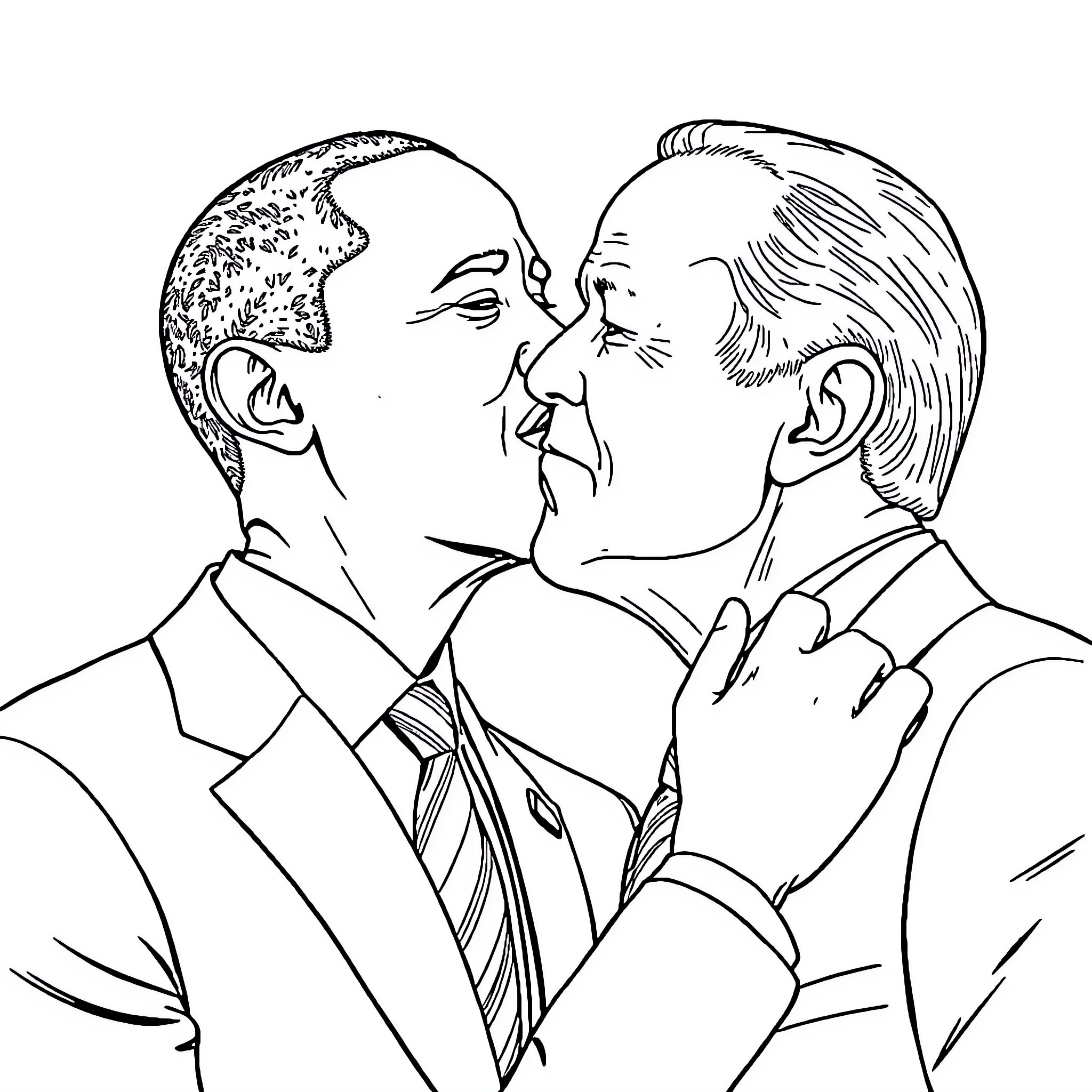 Obama and Trump in an intense discussion Coloring Page (free black-and-white line drawing printable PDF for all, from beginners to advanced learners, including children, teens, adults, and seniors)