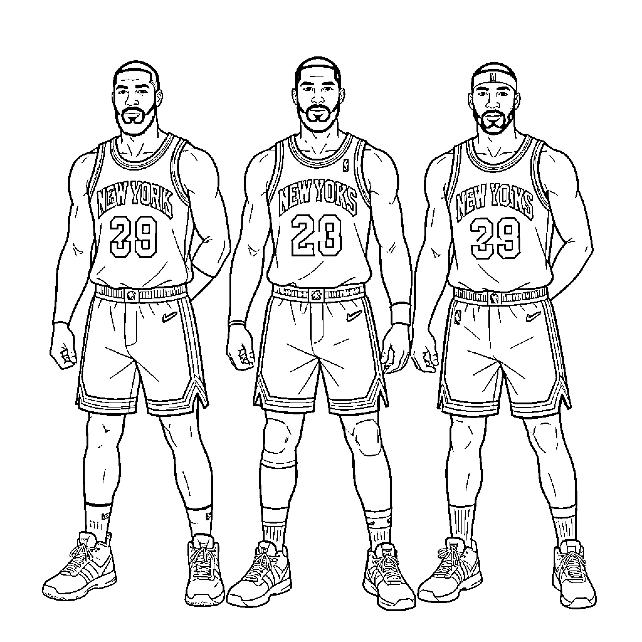 New York Knicks players standing confidently in uniforms Coloring Page (free black-and-white line drawing printable PDF for all, from beginners to advanced learners, including children, teens, adults, and seniors)