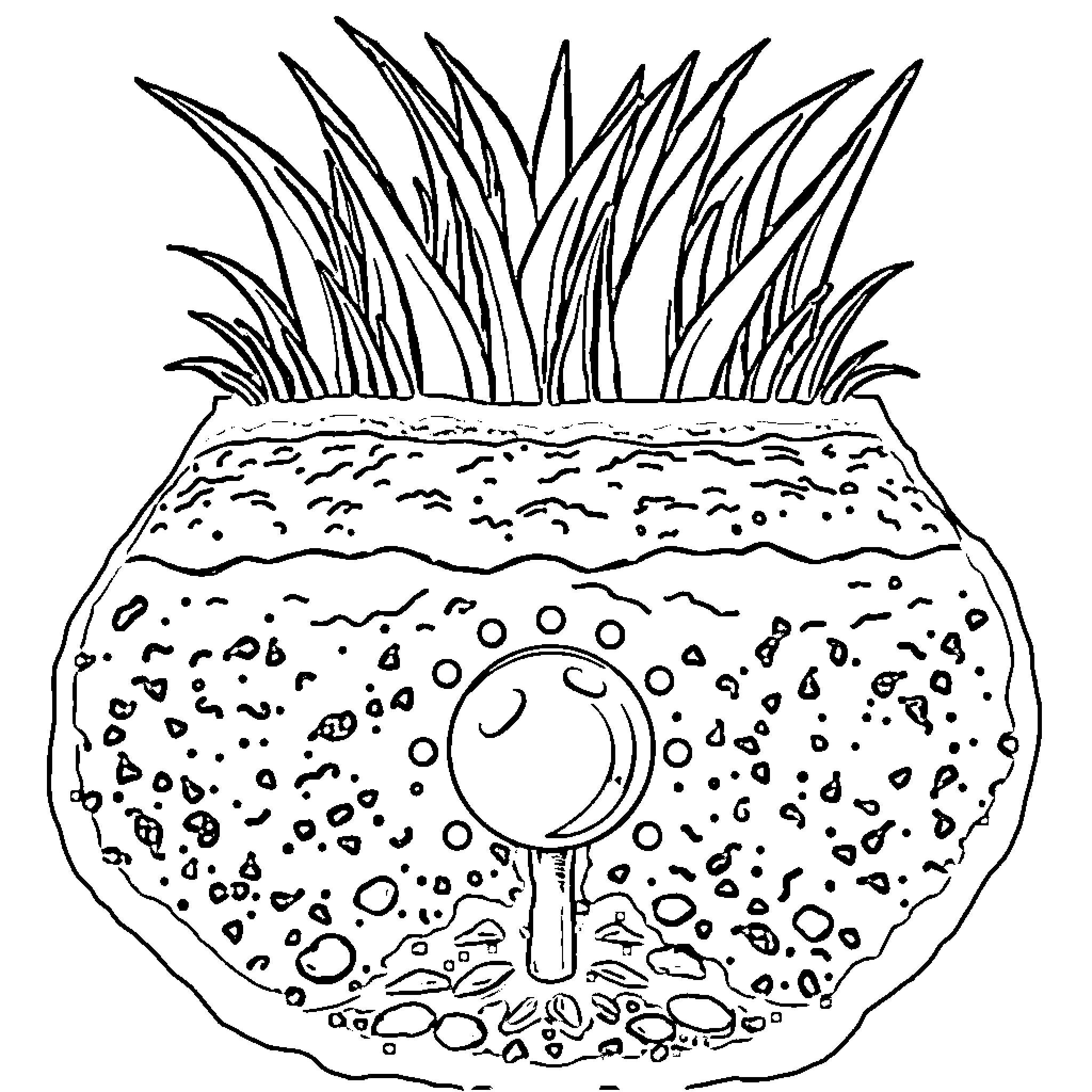Sprinkler shooting water in the grass Coloring Page (free black-and-white line drawing printable PDF for all, from beginners to advanced learners, including children, teens, adults, and seniors)