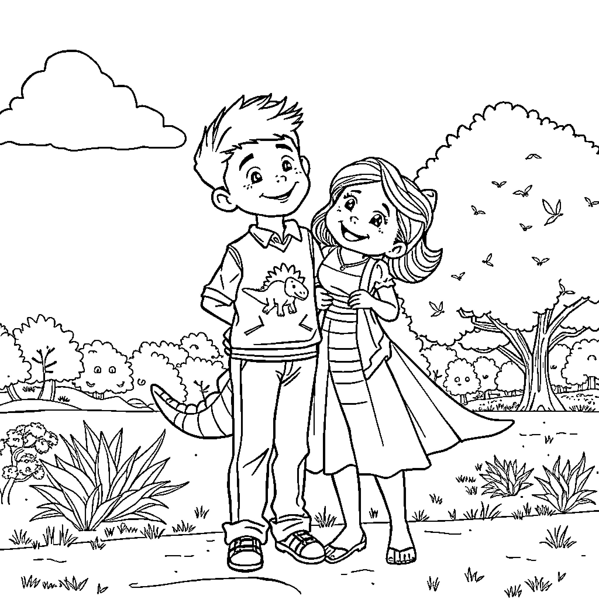 Niño and Niña enjoying nature together Coloring Page (free black-and-white line drawing printable PDF for all, from beginners to advanced learners, including children, teens, adults, and seniors)