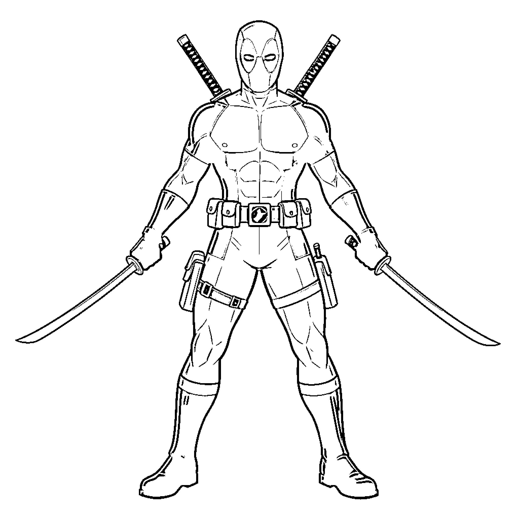 Deadpool wielding swords in combat stance Coloring Page (free black-and-white line drawing printable PDF for all, from beginners to advanced learners, including children, teens, adults, and seniors)
