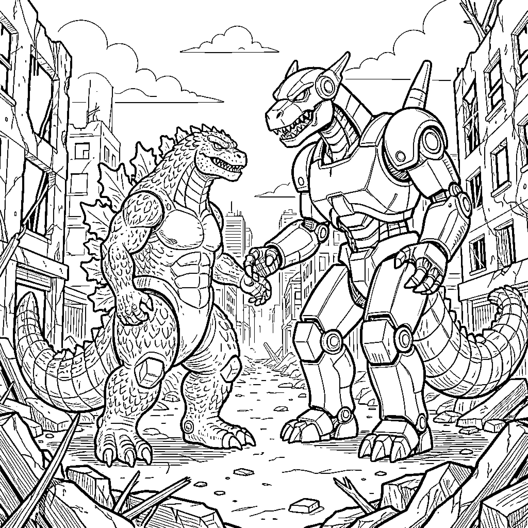 Godzilla and Mechagodzilla shaking hands amidst city ruins Coloring Page (free black-and-white line drawing printable PDF for all, from beginners to advanced learners, including children, teens, adults, and seniors)