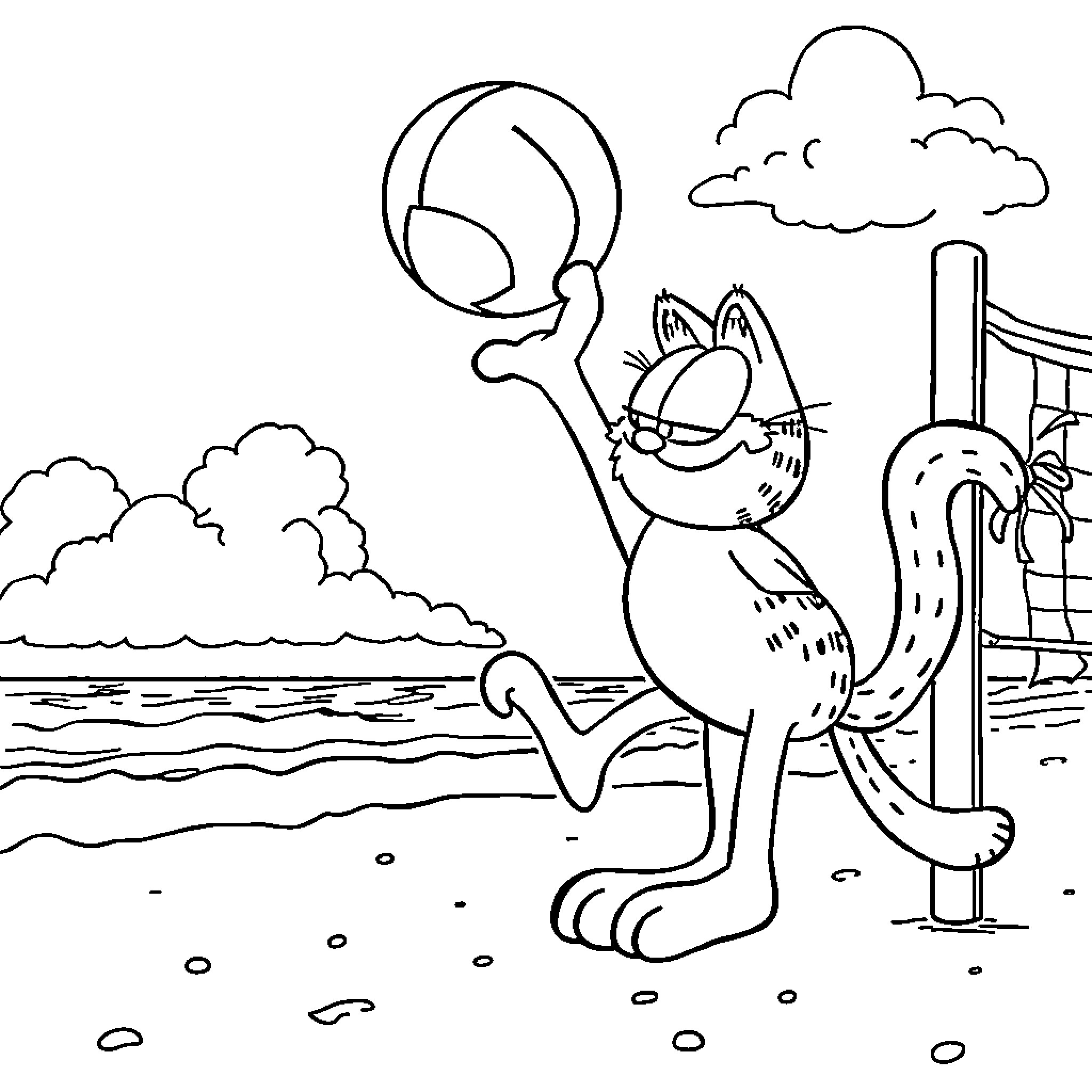 Garfield relaxing on the beach Coloring Page (free black-and-white line drawing printable PDF for all, from beginners to advanced learners, including children, teens, adults, and seniors)