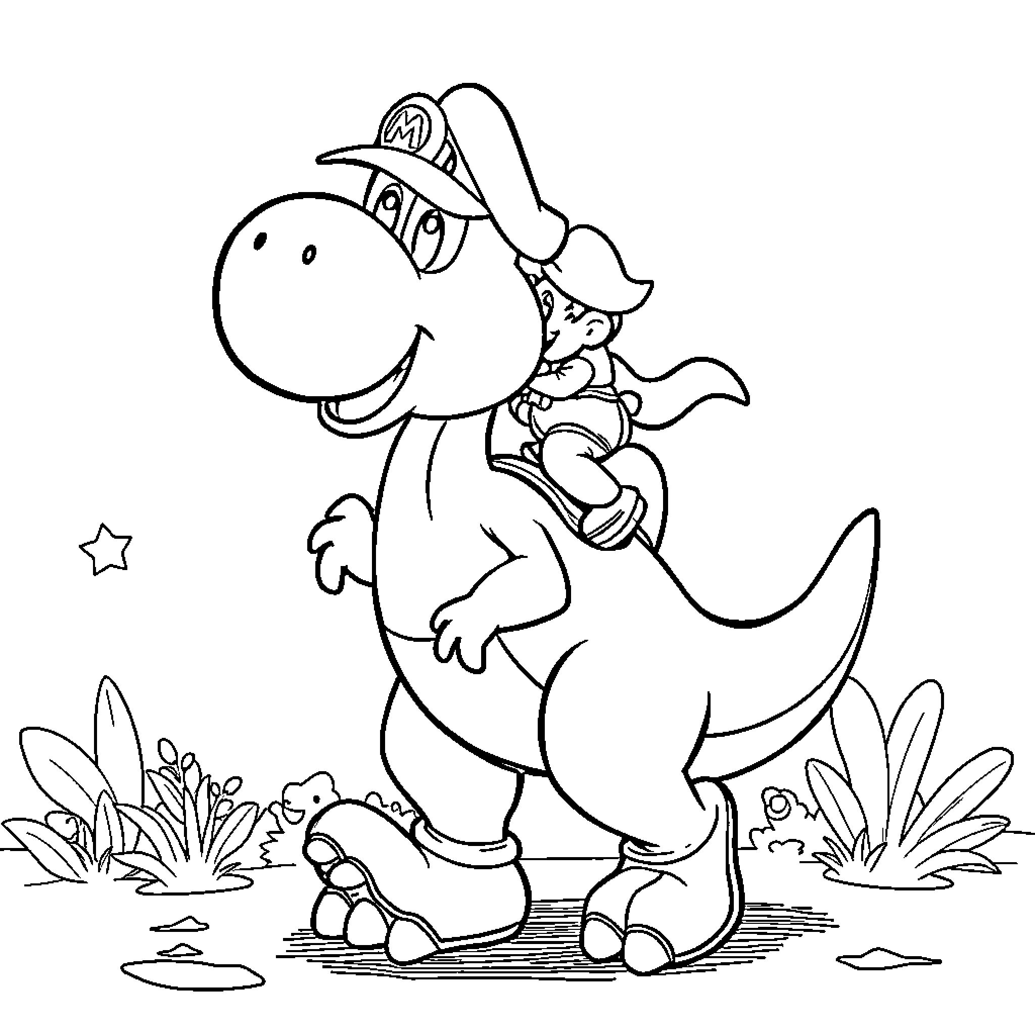 Yoshi the Dinosaur in Playful Adventure Coloring Page (free black-and-white line drawing printable PDF for all, from beginners to advanced learners, including children, teens, adults, and seniors)