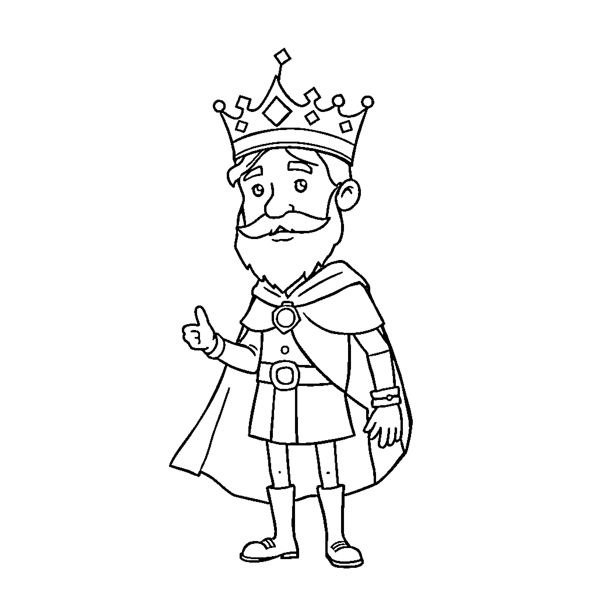 King in Regal Attire and Crown Coloring Page (free black-and-white line drawing printable PDF for all, from beginners to advanced learners, including children, teens, adults, and seniors)