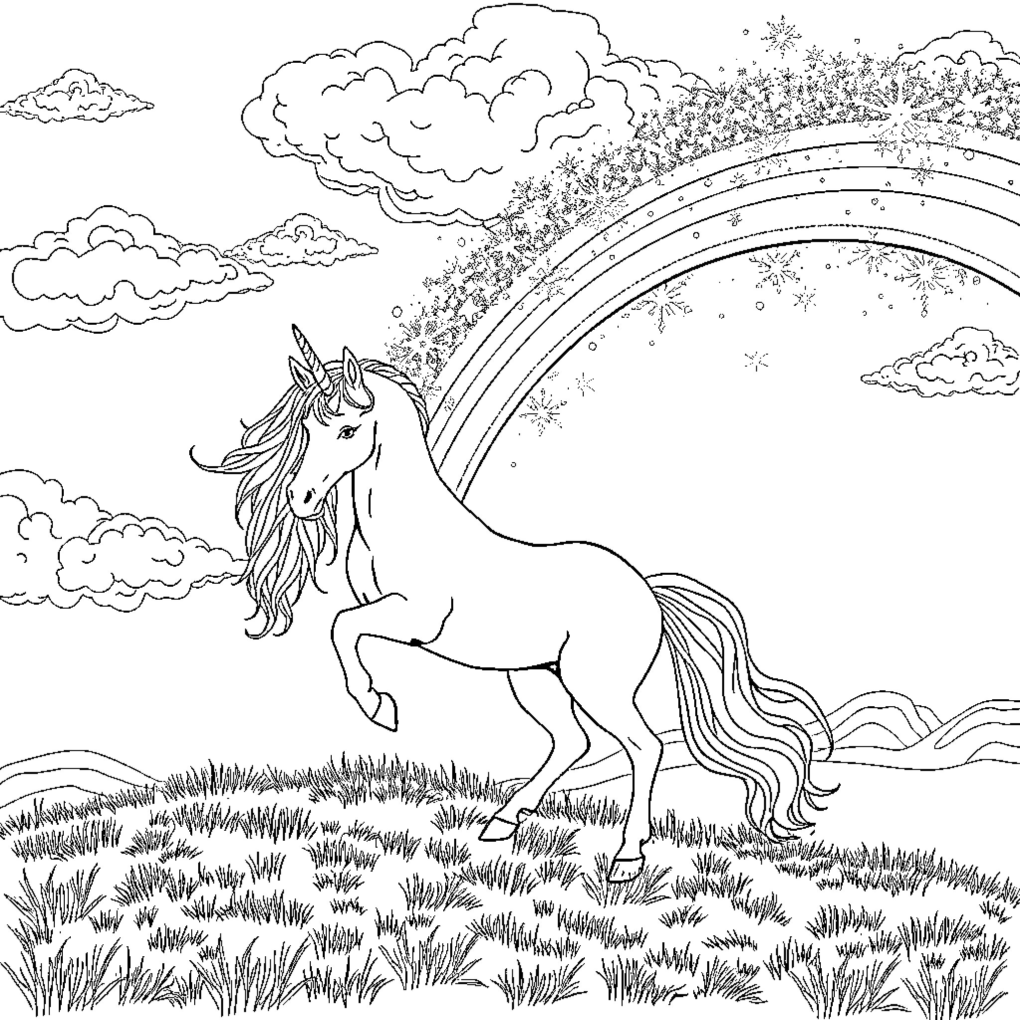Unicorn prancing in a magical landscape Coloring Page (free black-and-white line drawing printable PDF for all, from beginners to advanced learners, including children, teens, adults, and seniors)
