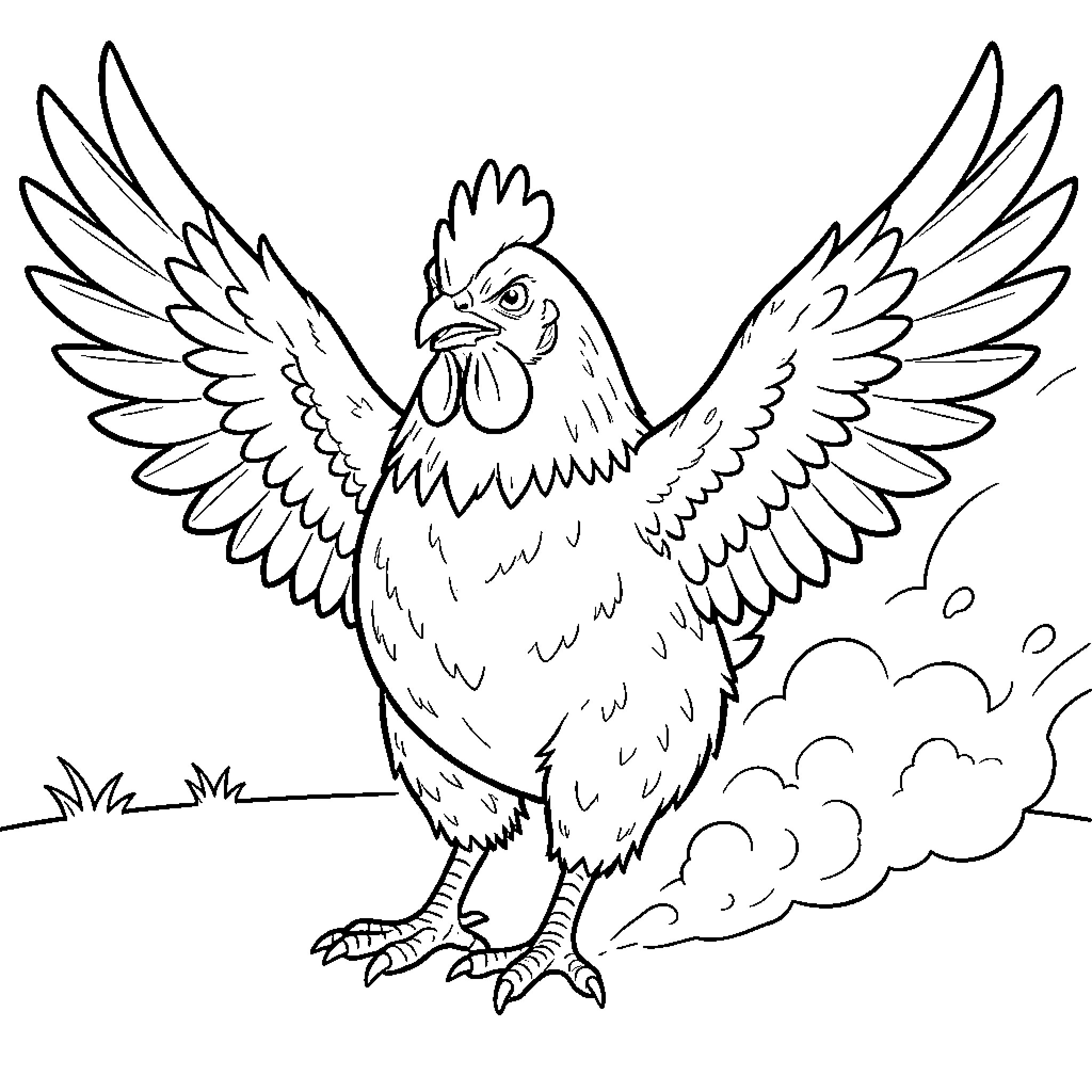 Chicken with Outstretched Wings on a Cloudy Day Coloring Page (free black-and-white line drawing printable PDF for all, from beginners to advanced learners, including children, teens, adults, and seniors)