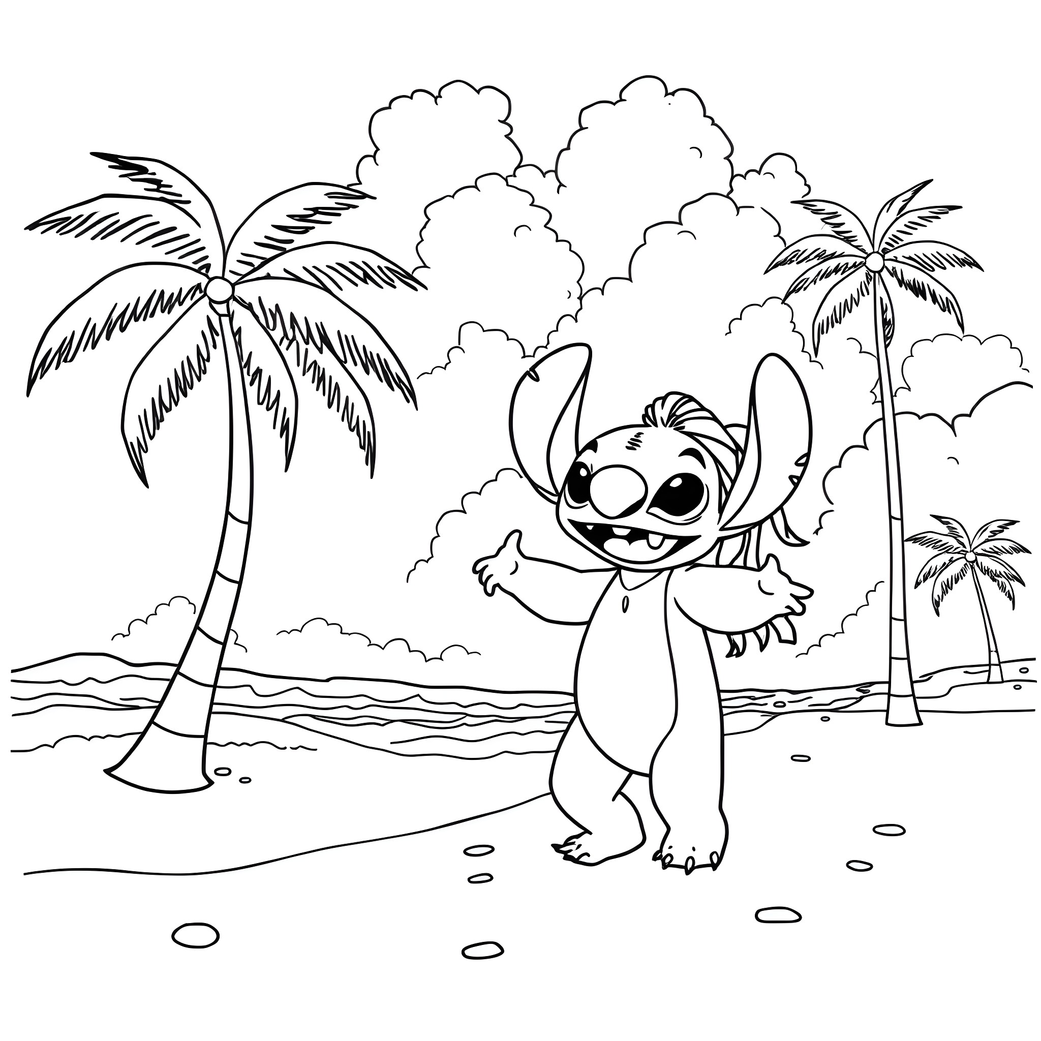 Lilo playing happily on the beach Coloring Page (free black-and-white line drawing printable PDF for all, from beginners to advanced learners, including children, teens, adults, and seniors)