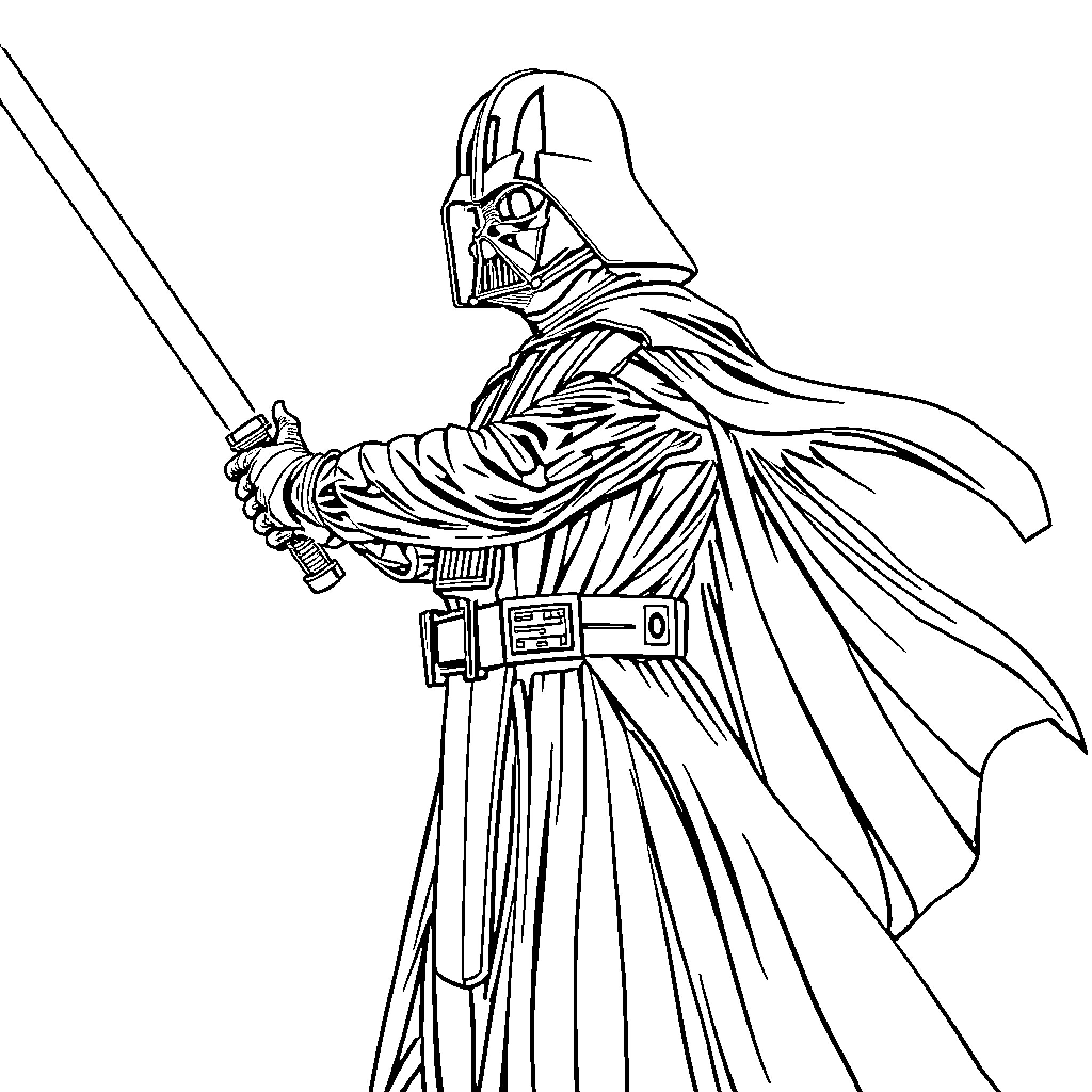 Darth Vader wielding his lightsaber in a menacing pose Coloring Page (free black-and-white line drawing printable PDF for all, from beginners to advanced learners, including children, teens, adults, and seniors)