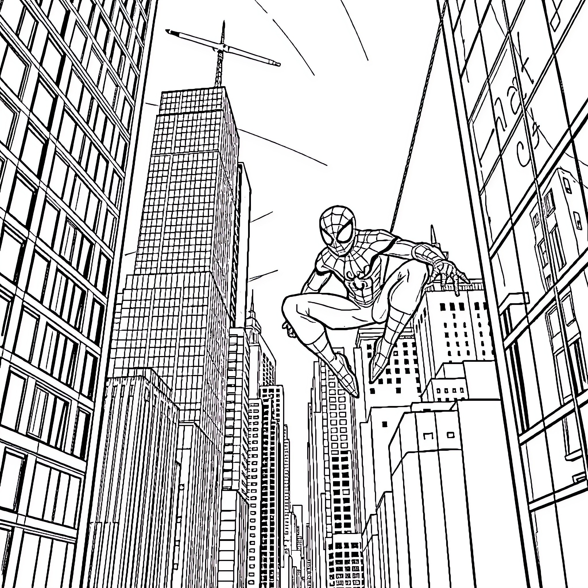 Spiderman swinging through the skyscrapers of the city Coloring Page (free black-and-white line drawing printable PDF for all, from beginners to advanced learners, including children, teens, adults, and seniors)