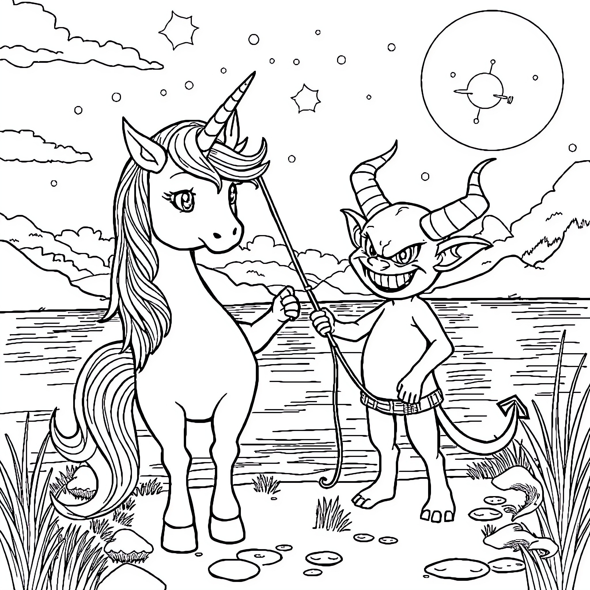 Unicorn and friendly demon exploring enchanted forest Coloring Page (free black-and-white line drawing printable PDF for all, from beginners to advanced learners, including children, teens, adults, and seniors)
