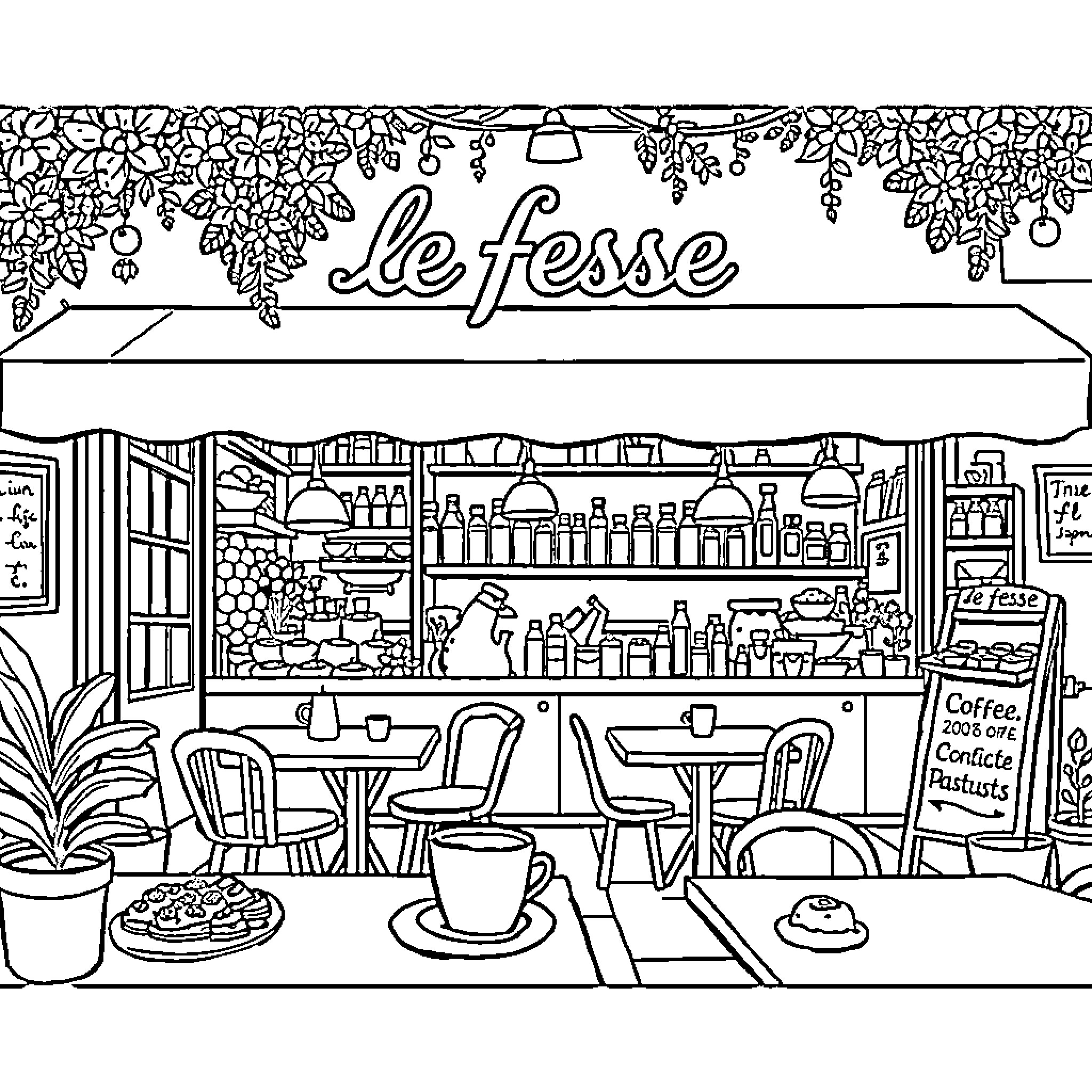 Busy Butts in a Bustling Cafe Coloring Page (free black-and-white line drawing printable PDF for all, from beginners to advanced learners, including children, teens, adults, and seniors)