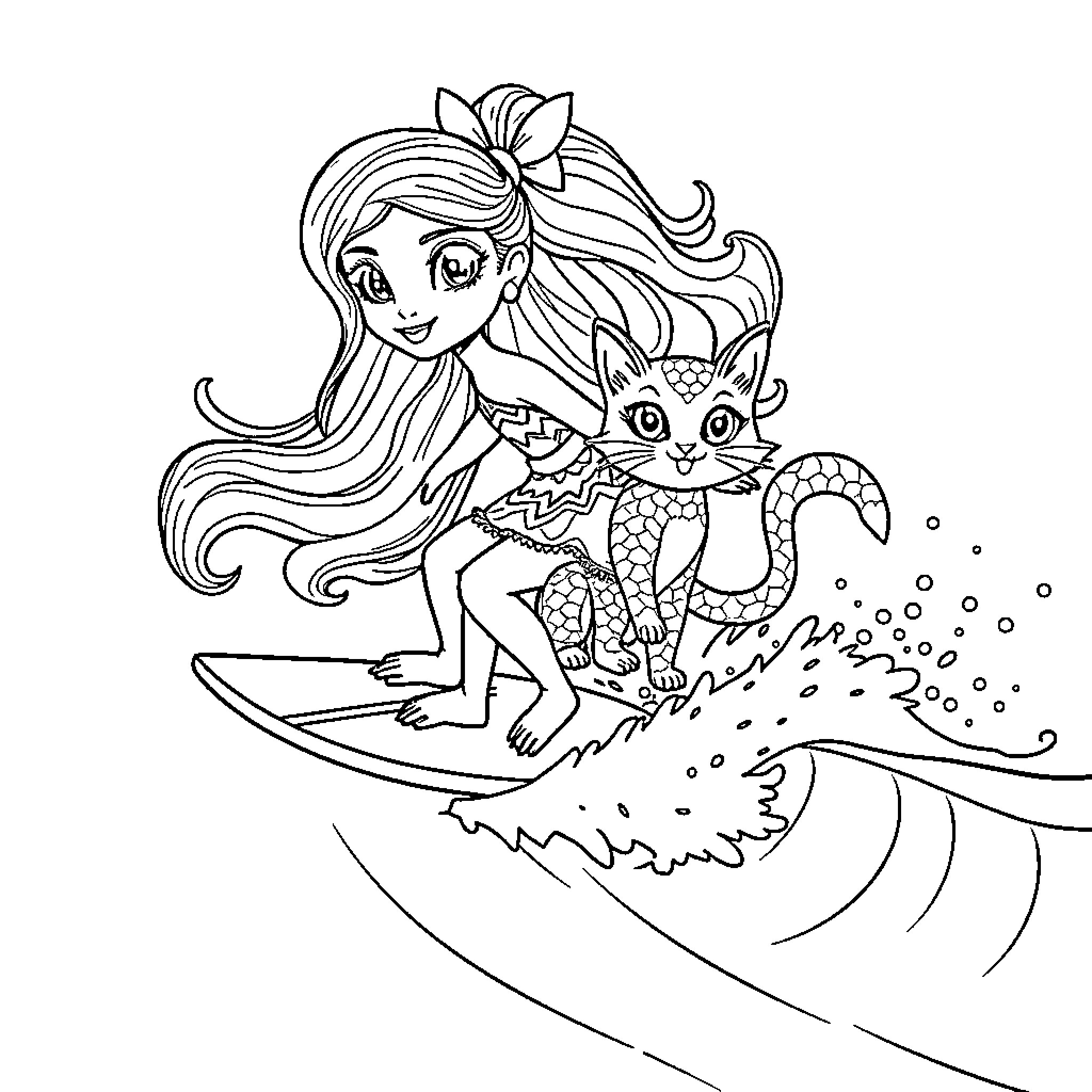 Gabby Dollhouse: Mermaid girl riding wave with cat companion Coloring Page (free black-and-white line drawing printable PDF for all, from beginners to advanced learners, including children, teens, adults, and seniors)