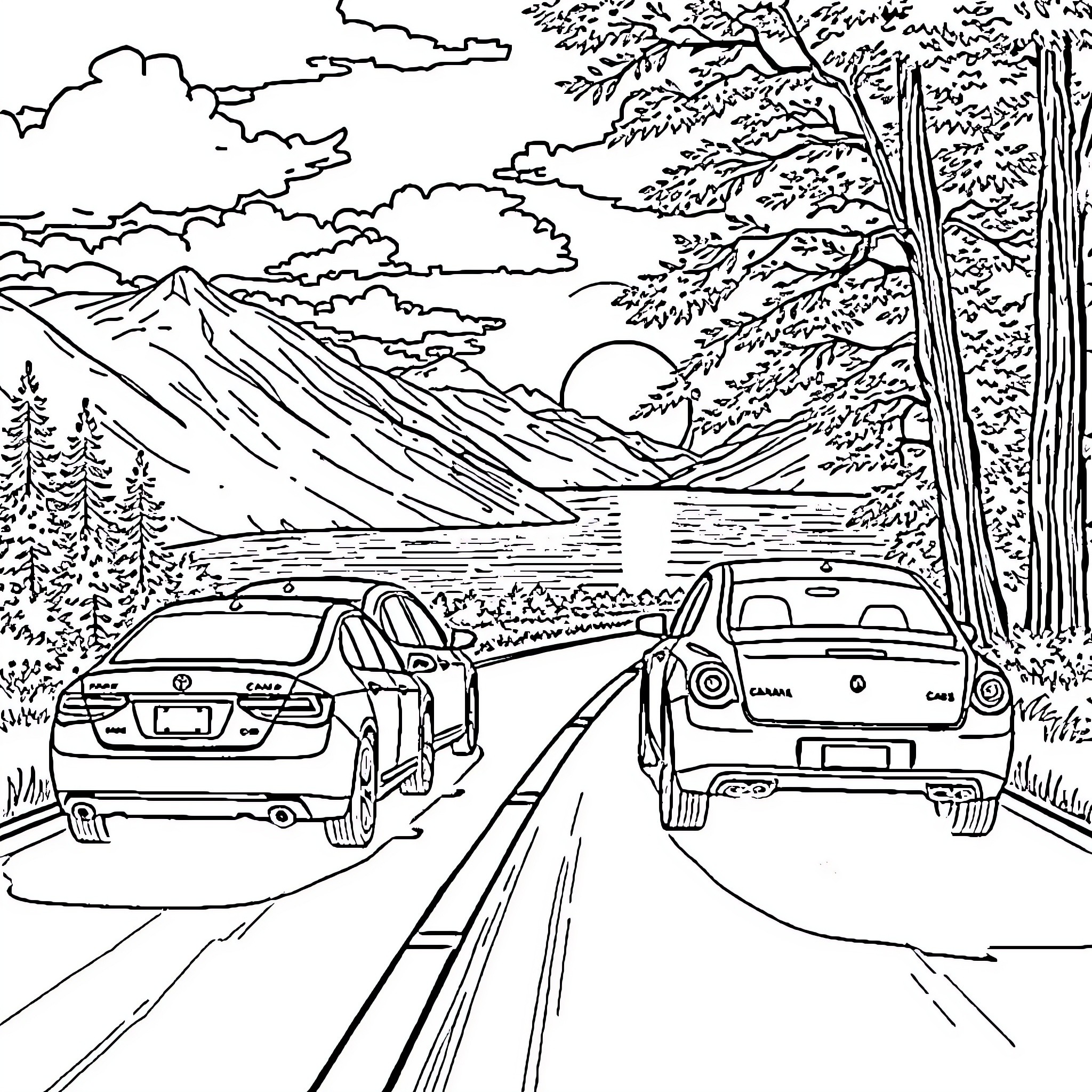 Cars on the Mountain Road Coloring Page (free black-and-white line drawing printable PDF for all, from beginners to advanced learners, including children, teens, adults, and seniors)