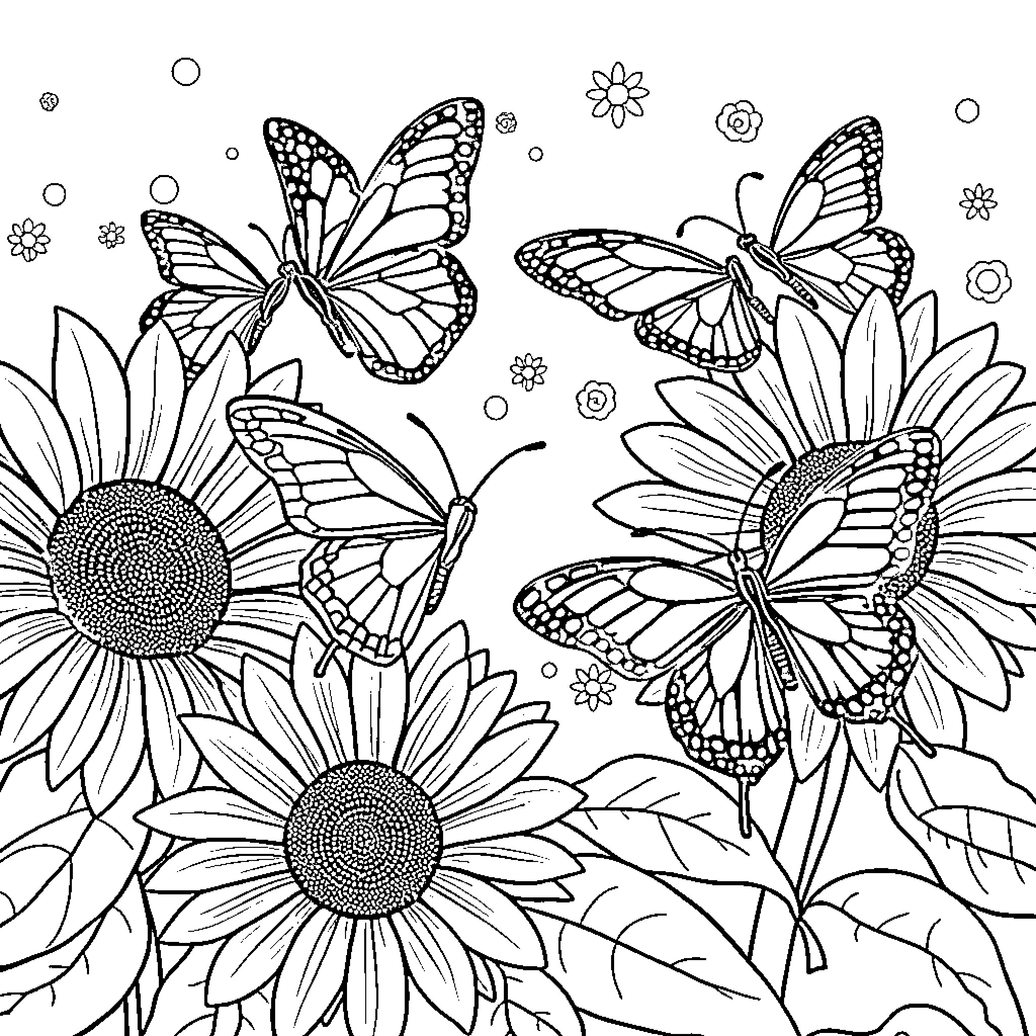 Butterflies and Sunflowers in a Floral Scene Coloring Page (free black-and-white line drawing printable PDF for all, from beginners to advanced learners, including children, teens, adults, and seniors)