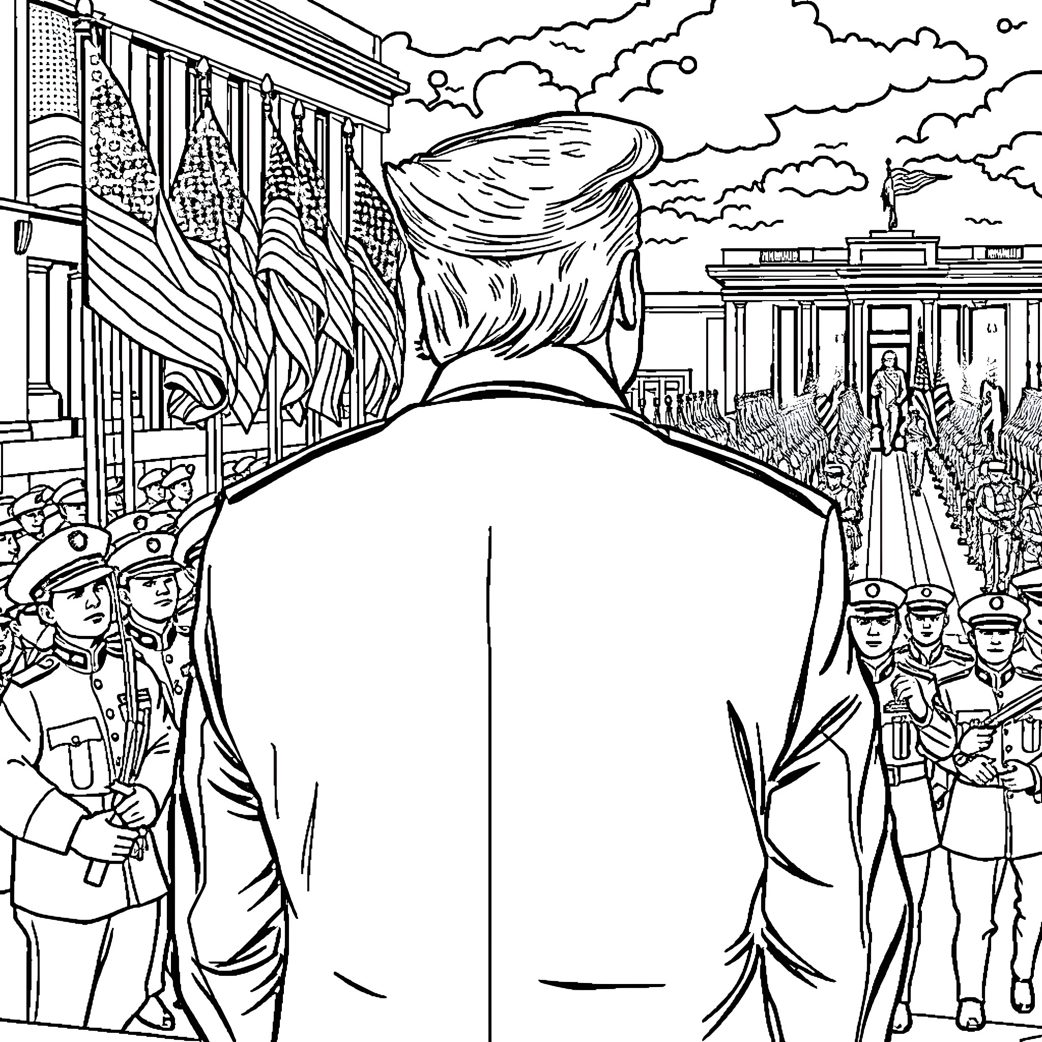 Donald Trump's Inauguration Ceremony Coloring Page (free black-and-white line drawing printable PDF for all, from beginners to advanced learners, including children, teens, adults, and seniors)