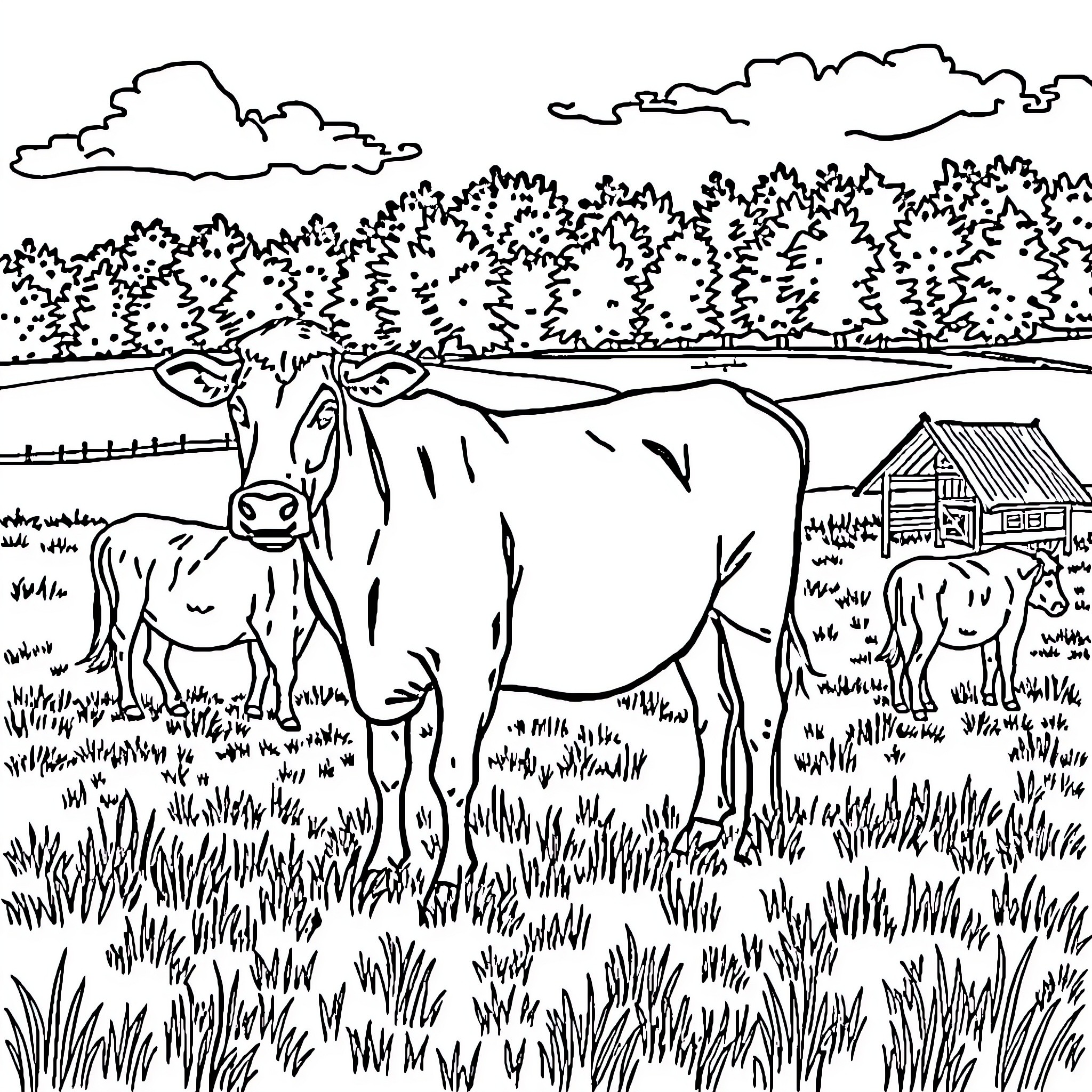 Huhn grazing peacefully in rural farmland Coloring Page (free black-and-white line drawing printable PDF for all, from beginners to advanced learners, including children, teens, adults, and seniors)