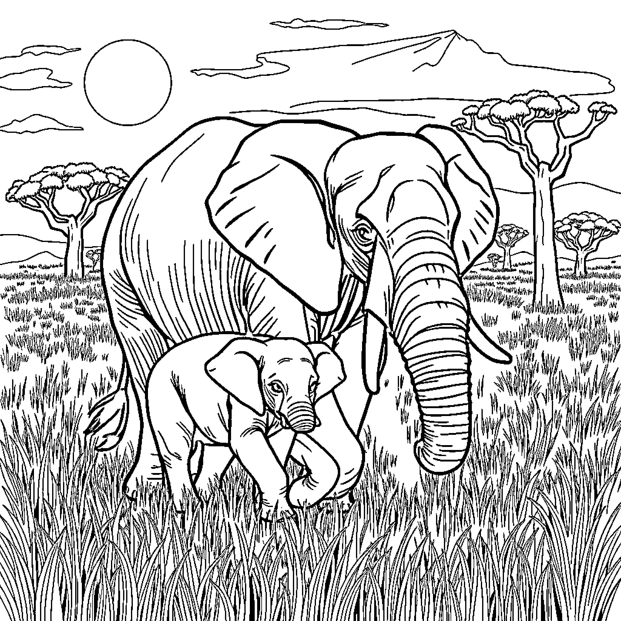 Elephant mother and calf in the wild savanna Coloring Page (free black-and-white line drawing printable PDF for all, from beginners to advanced learners, including children, teens, adults, and seniors)