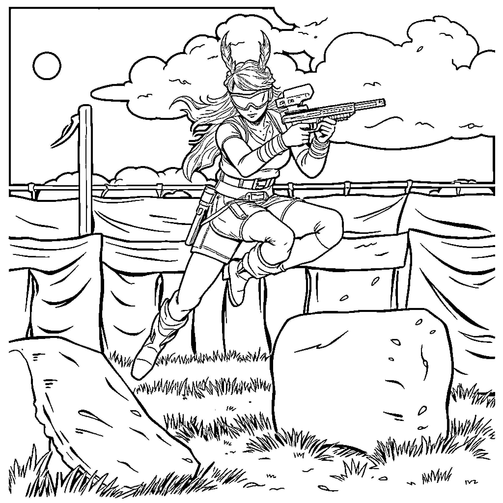 Artemis in action on the battlefield Coloring Page (free black-and-white line drawing printable PDF for all, from beginners to advanced learners, including children, teens, adults, and seniors)