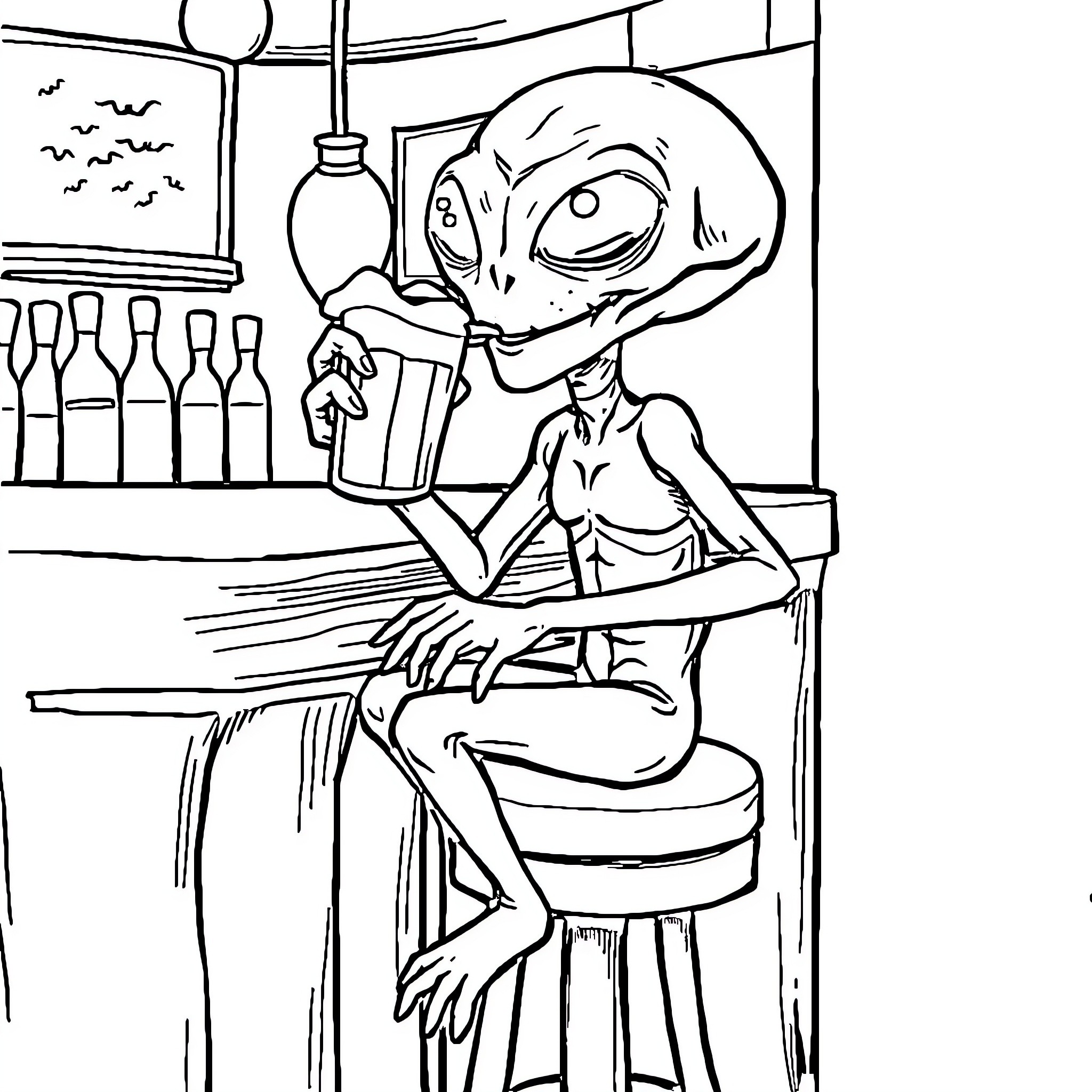 Roger enjoying a drink at the bar Coloring Page (free black-and-white line drawing printable PDF for all, from beginners to advanced learners, including children, teens, adults, and seniors)