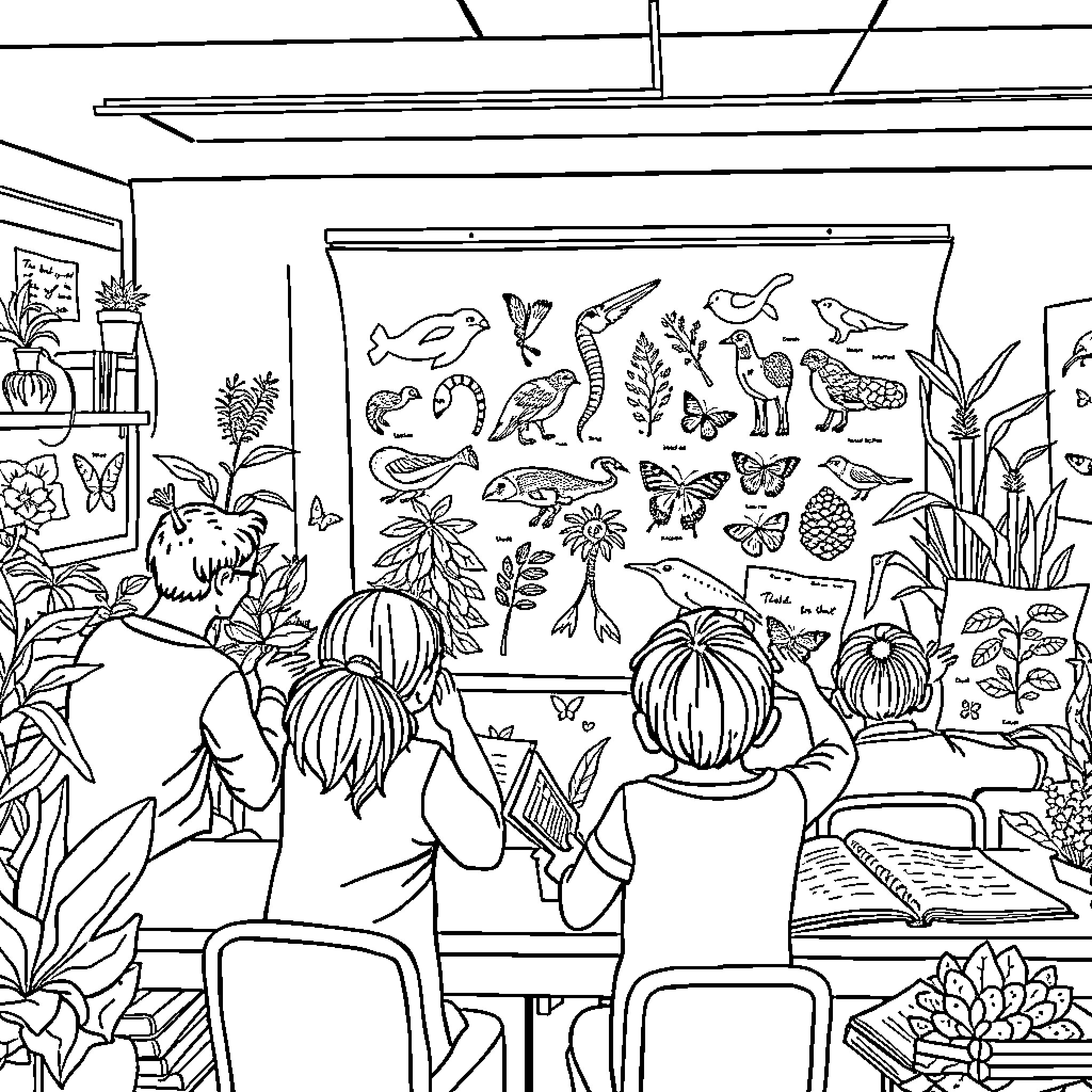 Biology Students Exploring Nature Illustrations Coloring Page (free black-and-white line drawing printable PDF for all, from beginners to advanced learners, including children, teens, adults, and seniors)
