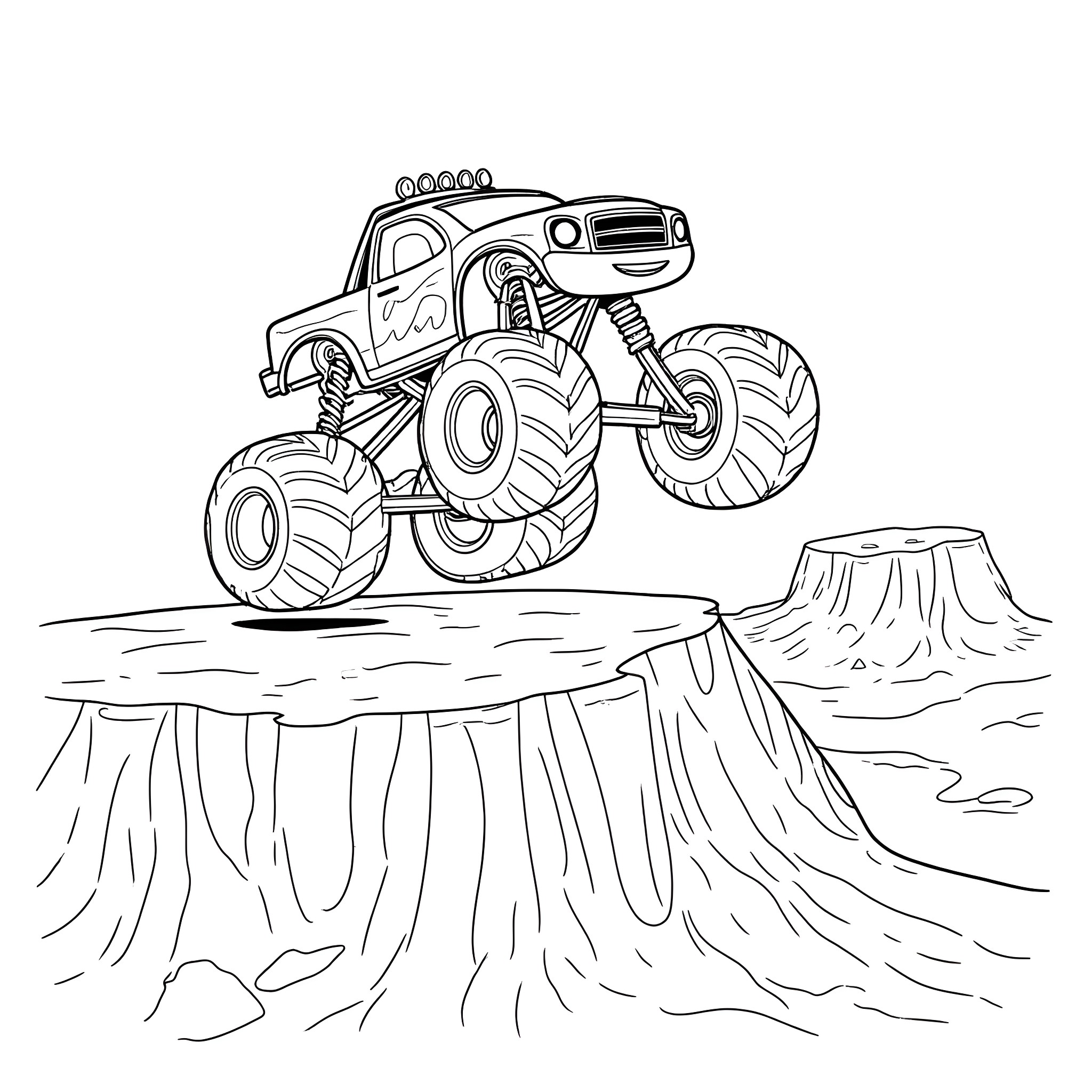 Monster Truck Jumping Over Cliff in the Desert Coloring Page (free black-and-white line drawing printable PDF for all, from beginners to advanced learners, including children, teens, adults, and seniors)