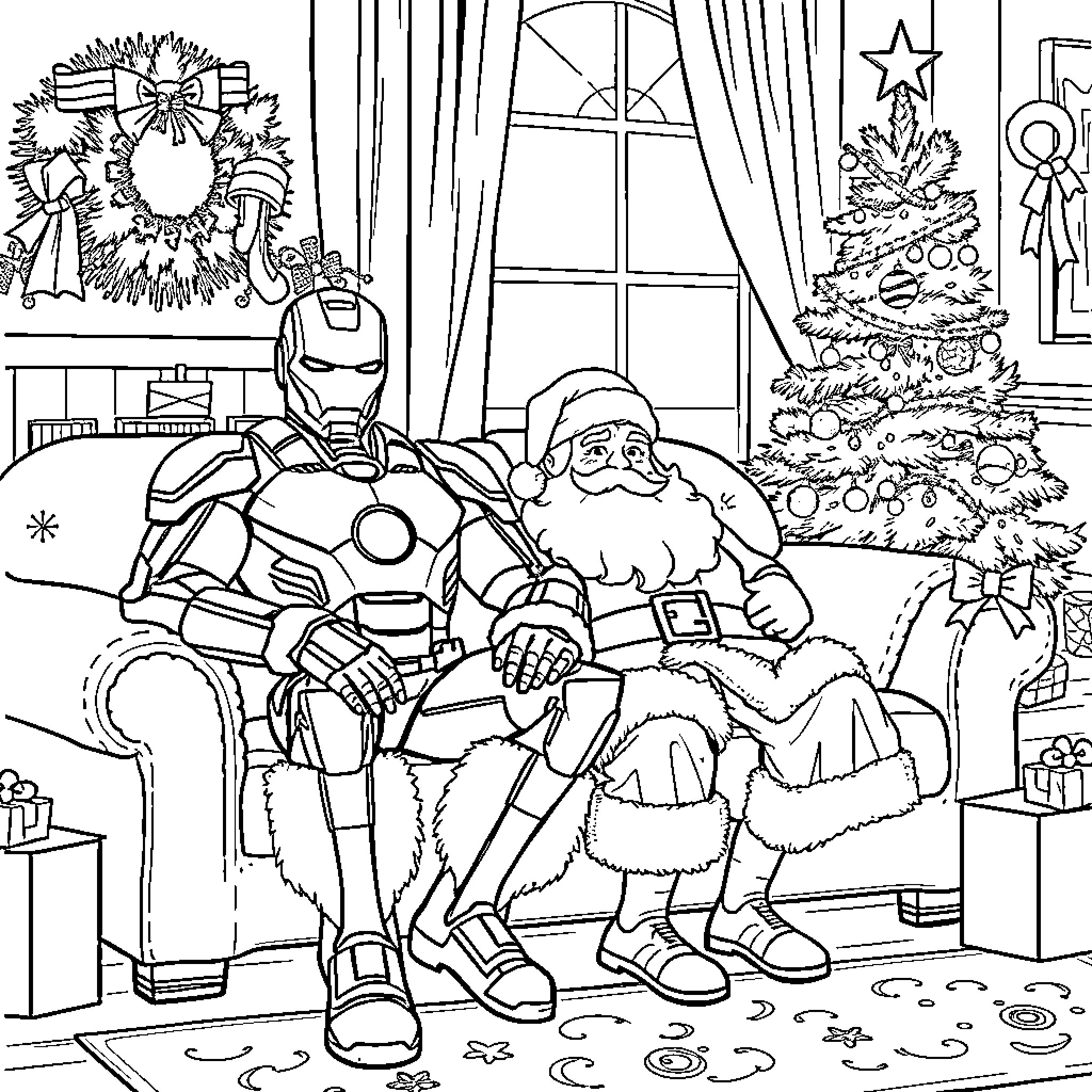 Iron Man Visits Santa at Christmas Time Coloring Page (free black-and-white line drawing printable PDF for all, from beginners to advanced learners, including children, teens, adults, and seniors)