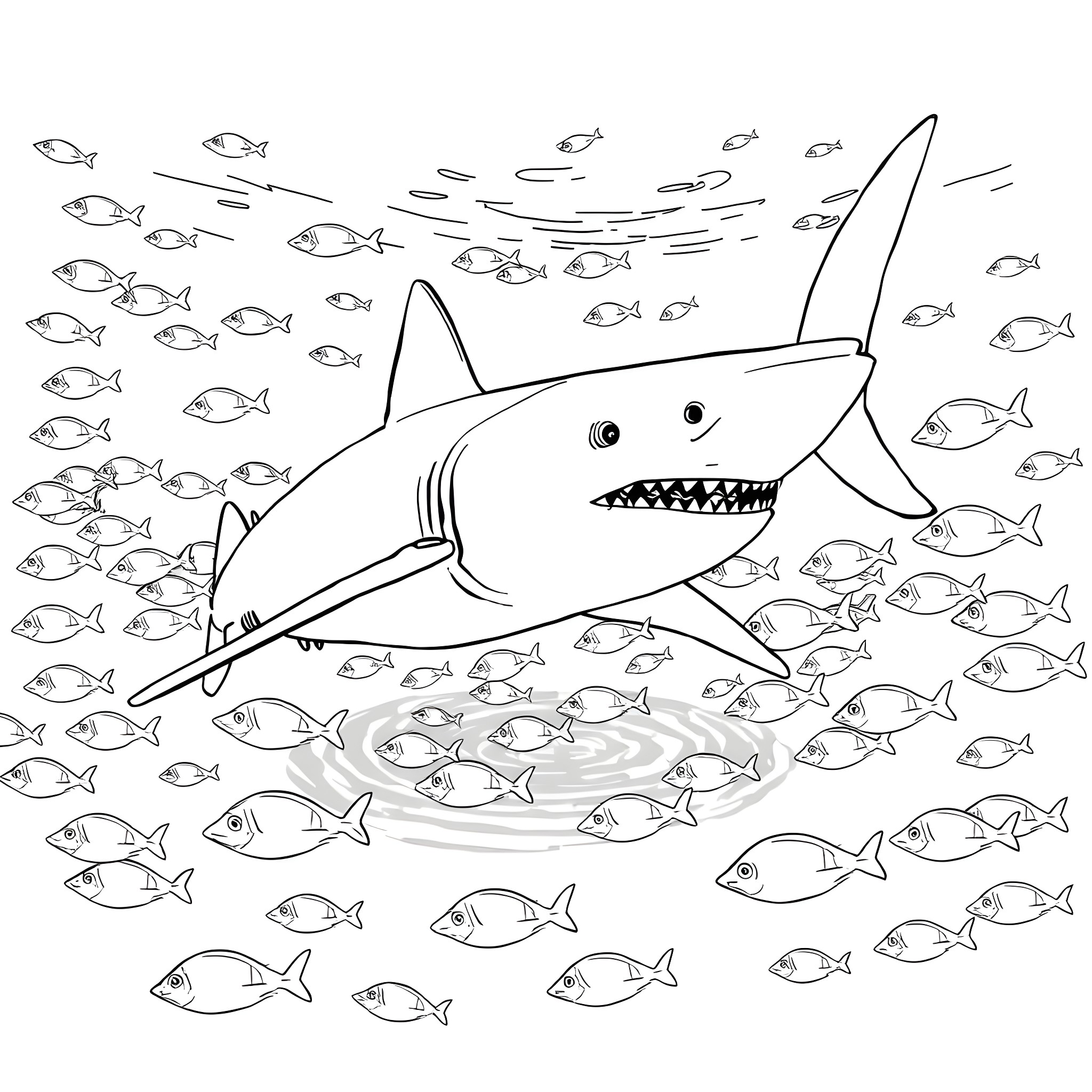 Shark chasing a school of smaller fish Coloring Page (free black-and-white line drawing printable PDF for all, from beginners to advanced learners, including children, teens, adults, and seniors)