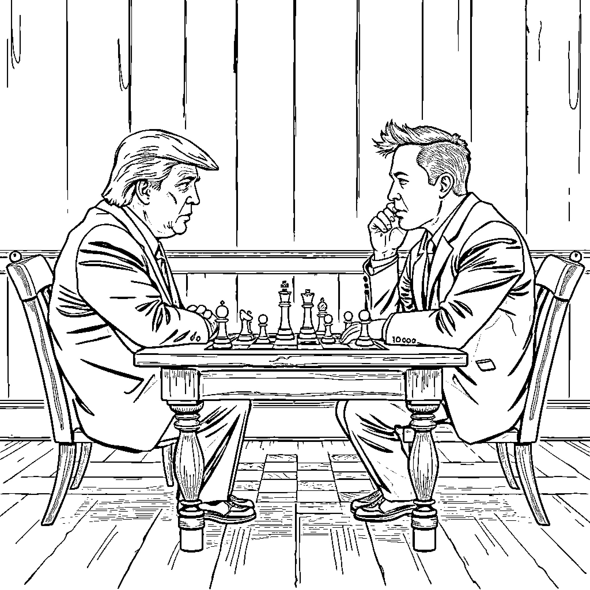 Trump and Opponent Engage in Intense Chess Match Coloring Page (free black-and-white line drawing printable PDF for all, from beginners to advanced learners, including children, teens, adults, and seniors)