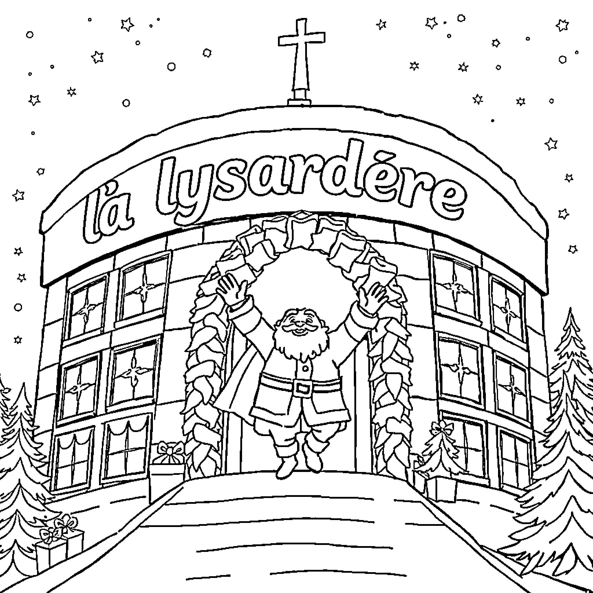 Père Noël standing in front of a winter wonderland Coloring Page (free black-and-white line drawing printable PDF for all, from beginners to advanced learners, including children, teens, adults, and seniors)